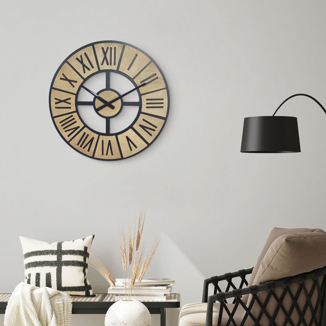 K&L Wall Art Wanduhr MDF Holzuhr übergroße Vintage Uhr Holzoptik Landhaus Wanddeko (Shabby Chic Wanduhr, leises Quarz Uhrwerk)