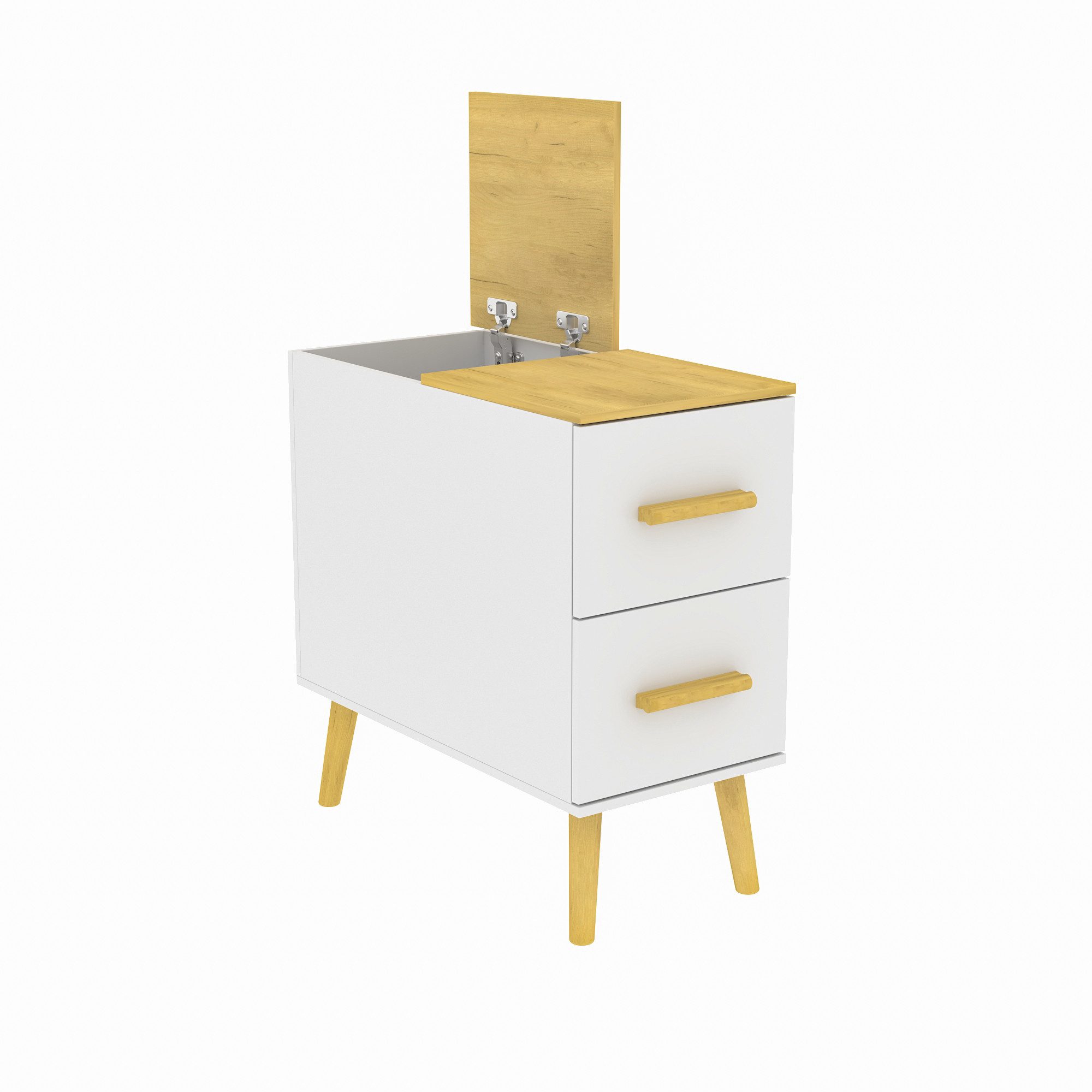 Nachttisch Nachttisch mit 2 Schubladen und Klappfach, Weiß & Holz, 60×30×59,3 cm