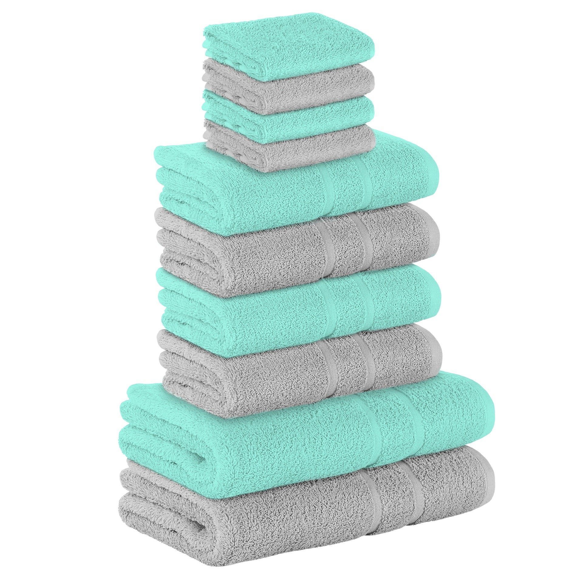 StickandShine Handtuch Set 2 farbig verschiedenen 2x Pack, (2 Baumwolle 2 farbig 10er 100% GSM farbiges Handtuch Set), 4x Spar Mint/Hellgrau Handtücher Frottee (10 als Duschtücher in 4x 500 Baumwolle Teilig) Farben Gästehandtuch SET / 100
