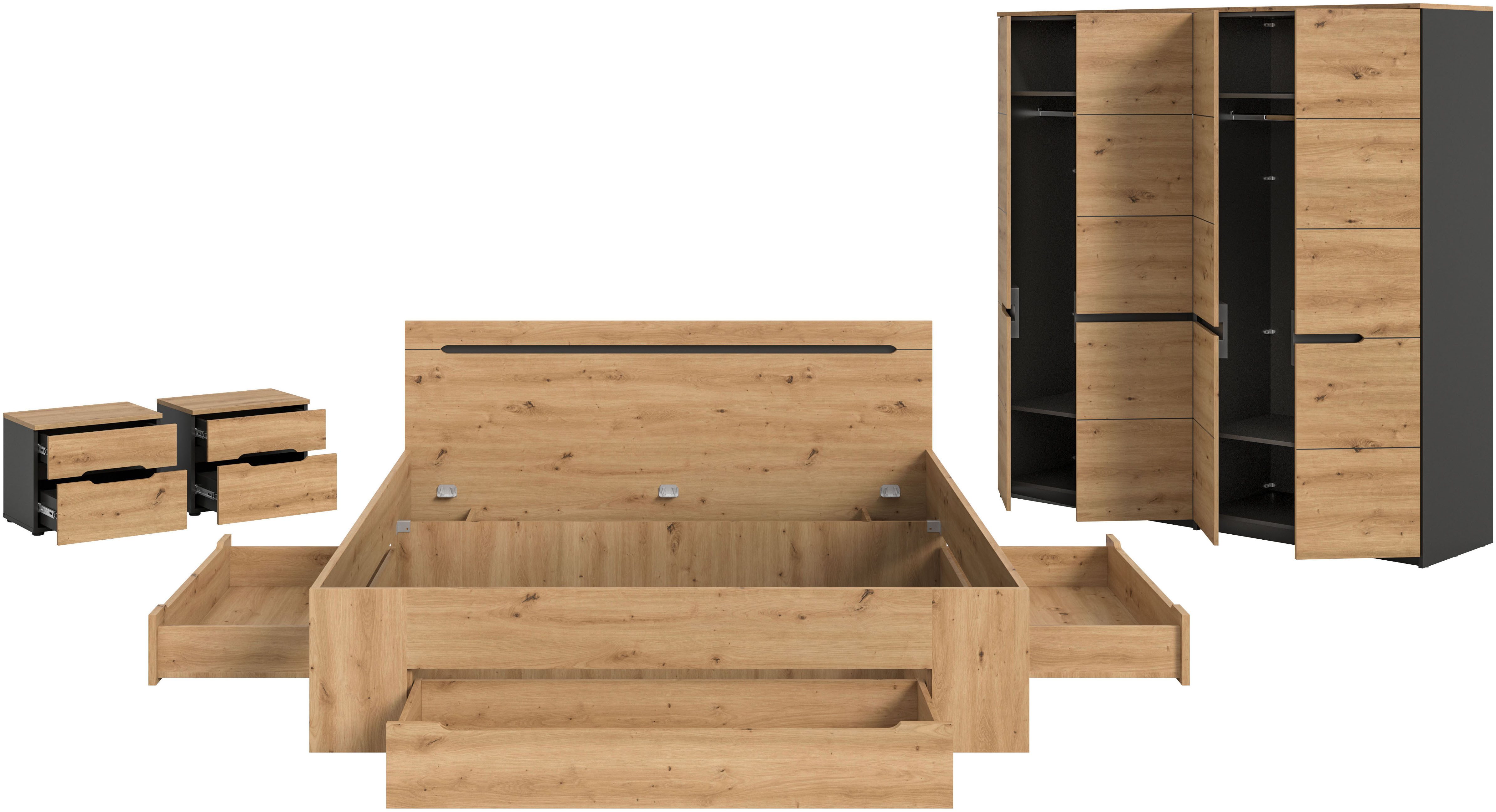 Home affaire Schlafzimmer-Set REHAT, 4-teilig, best. aus: Bett, Kleiderschrank & 2x Nachtkommode, (4-tlg., TOPSELLER!, für Matratzengröße 140x200 cm, viel Stauraum), Rehat, Schlafzimmerset, Bett 180x200 cm, Nachttisch, Kleiderschrank