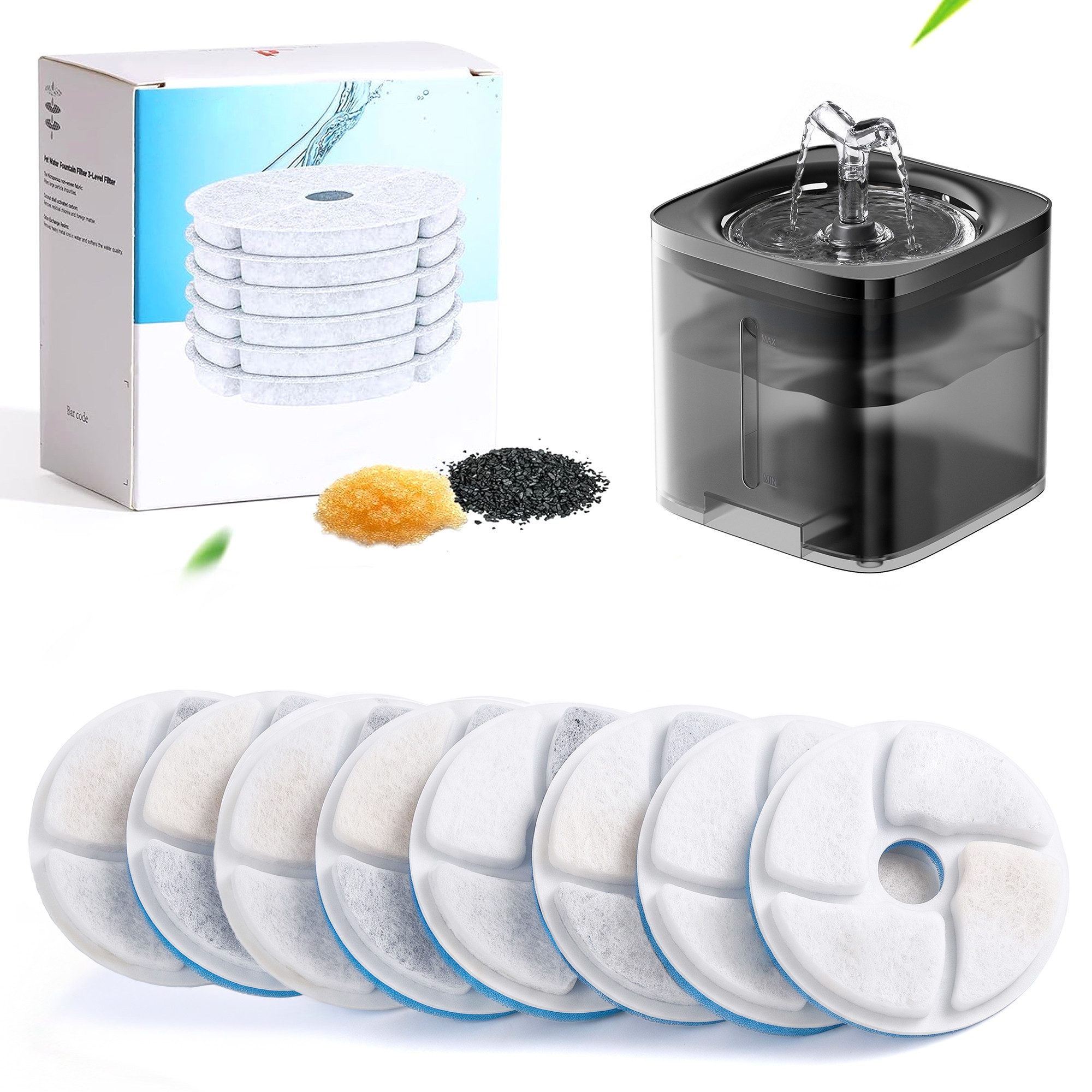 DAITORE Trinkbrunnen 2,5L Katzenbrunnen mit 4-fach Filtersystem, leiser Wasserfluss, 4er Set Ersatzfilter für Katzenbrunnen mit Aktivkohle