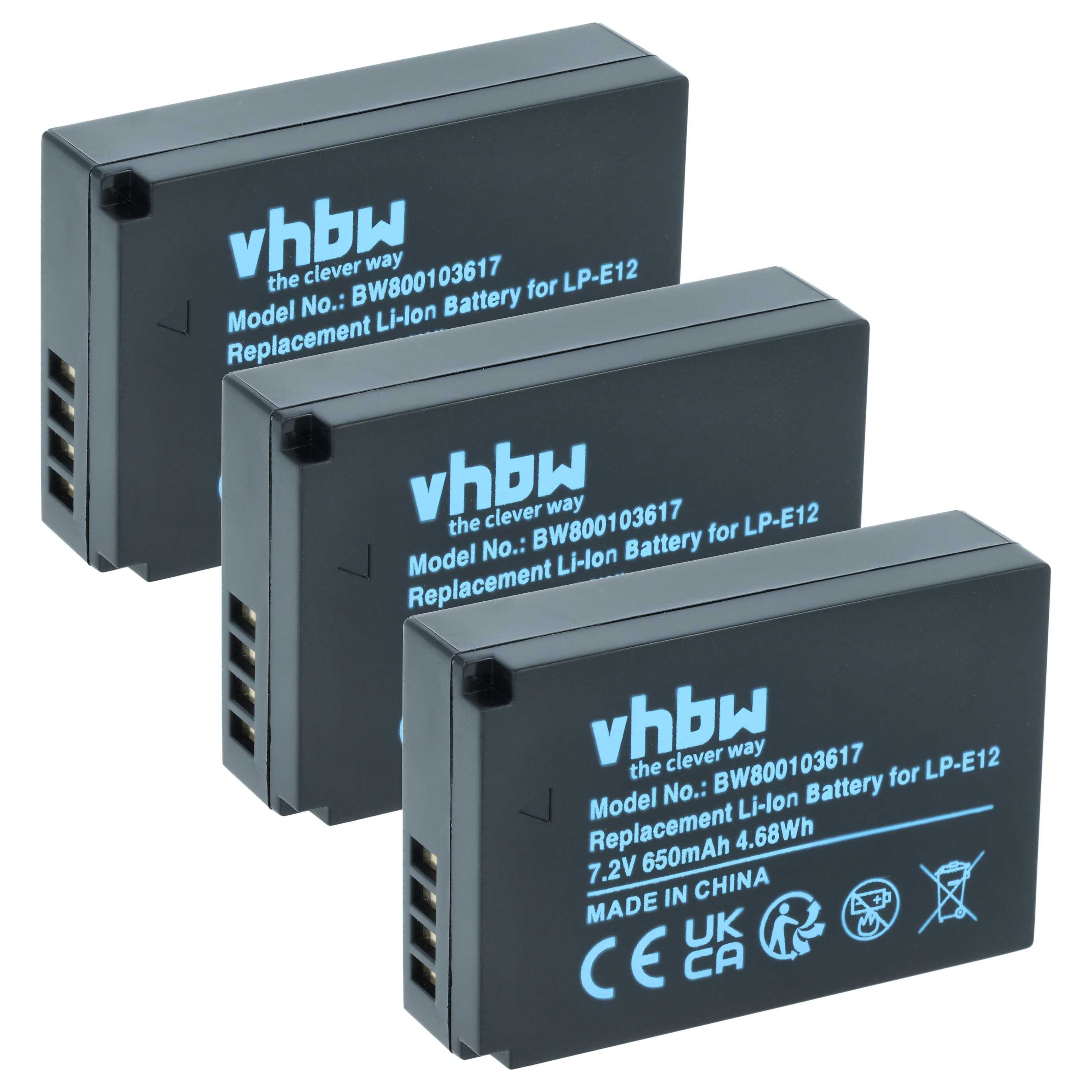 vhbw Akku passend für Canon EOS M10, M, M50, M200, 100D, Kiss X7, M50 Mark Kamera-Akku Akku Li-Ion 650 mAh (7,2 V, 3 St), Leistungsfähige Austausch-Akkus für Digitalkamera, Spiegelreflexkamera