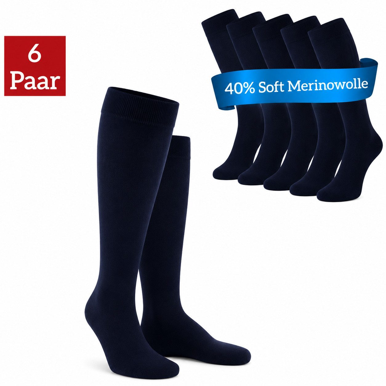 NERS Kniestrümpfe aus Merinowolle Damen & Herren mit Komfortbund, ohne drückende Naht (6-Paar, 3 & 6 Paar) Soft Merino, für warme Füße