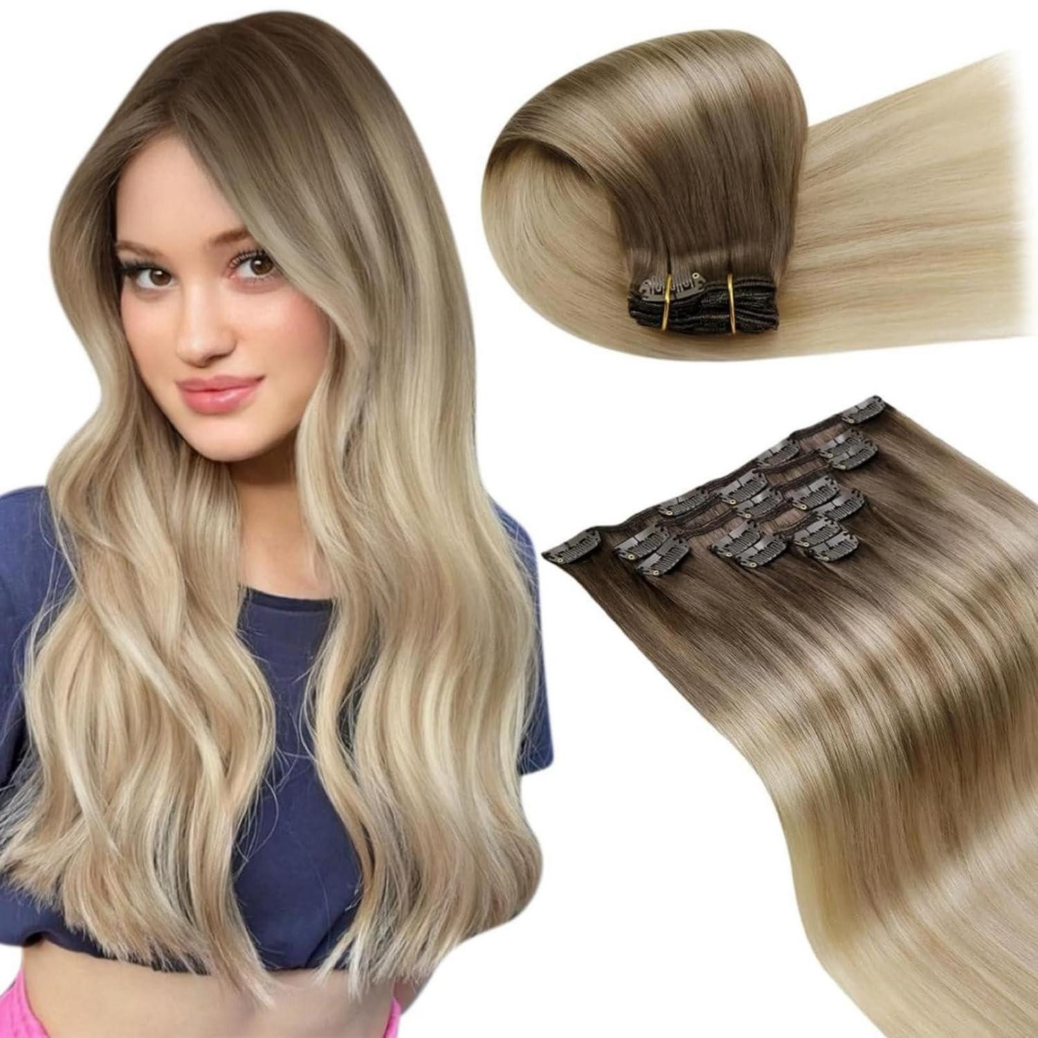 Echthaar-Extension Clip in Extensions Remy Echthaar Ombre Balayage 50 cm 7 Stück 105 g