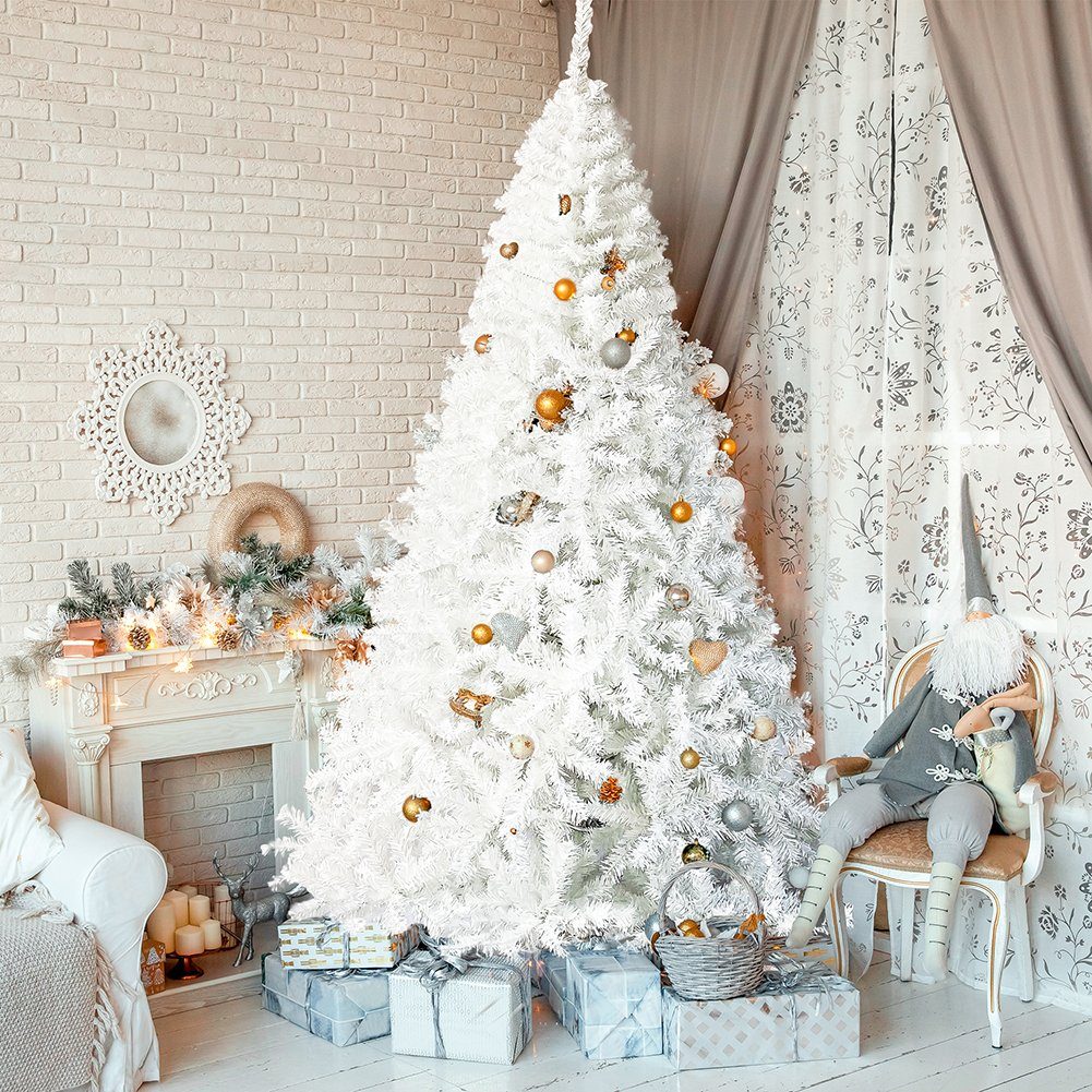 PHOEBE CAT Künstlicher Weihnachtsbaum, 228 cm Tannenbaum Christbaum mit 350  LED-Leuchten, 1250 Spitzen PVC Nadeln und Metallständer, Weiß