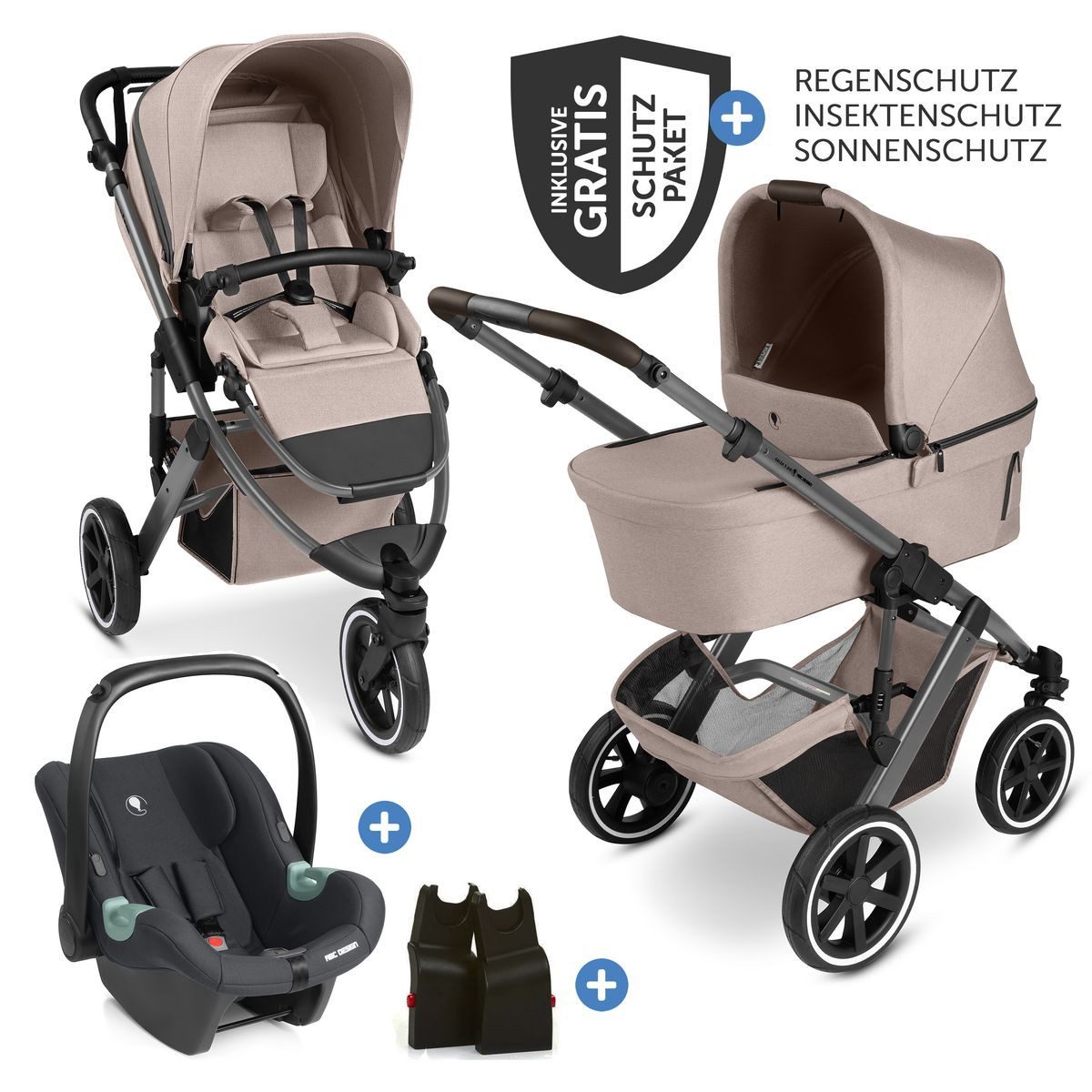 ABC Design Kombi-Kinderwagen Salsa 5 Run - Pure - Camel, 3in1 Kinderwagen Set mit Lufträdern, Babywanne, Babyschale & Sportsitz
