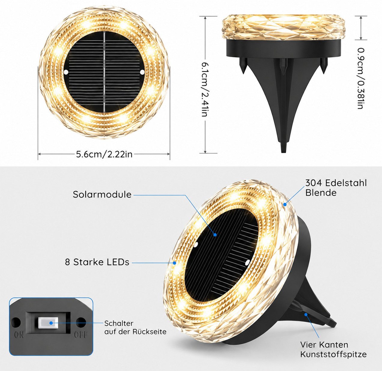 pedete LED Solarleuchte Solar-Bodenstrahler 4 Stück für den Außenbereich LED-Lampen Garten, Solar-Lampe, Bodenleuchte, Gartenstrahler, Tageslichtweiß,Warmweiß,  – Bild 5 von 5