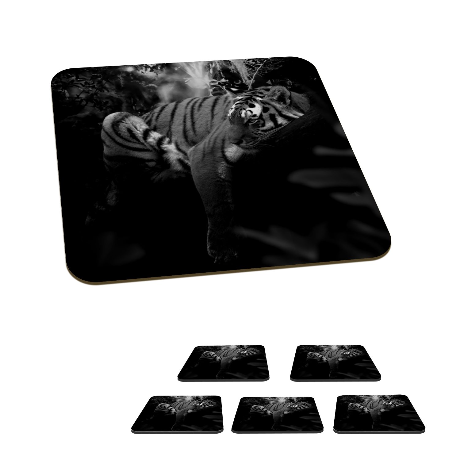 MuchoWow Glasuntersetzer Tiere - Tiger - Dschungel - Schwarz - Weiß, Zubehör für Gläser, 6-tlg., Glasuntersetzer, Tischuntersetzer, Korkuntersetzer, Untersetzer, Tasse