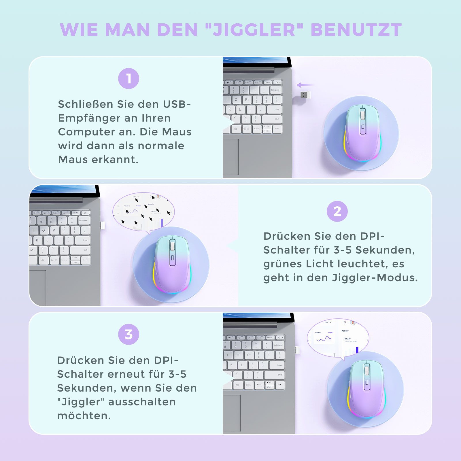 Seenda JY203 Kabellose Maus Wiederaufladbar mit Maus Jiggler Leise Beleuchtet Maus (Funk, 2000 dpi, 2.4Ghz Kabellos, aufladbar, Jiggler)