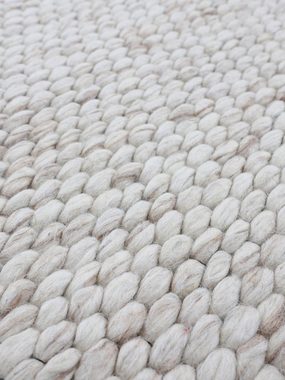 Wollteppich Sina, carpetfine, rund, Höhe: 14 mm, grobe Struktur, Zeitloses Design, reine Wolle, Wohnzimmer