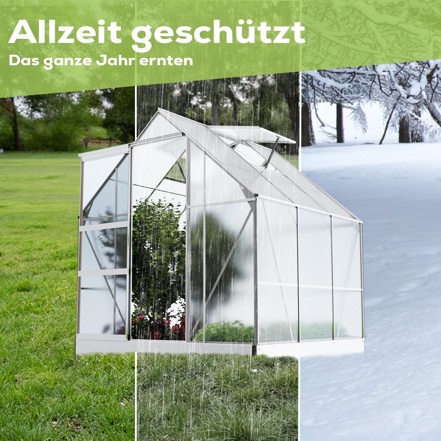 GARMIO Gewächshaus Gewächshaus CUNEO aus Aluminium, 3,6m² 4mm Wand, Schiebetür, BxTxH: 190 x 190 x 195 cm, inkl. Fundament,wetterfest und stoßfest, inkl Regenrinne, mit zwei (2) Dachfenstern für optimale Belüftung, winterfest, Dachfenster, für Selbstversorger