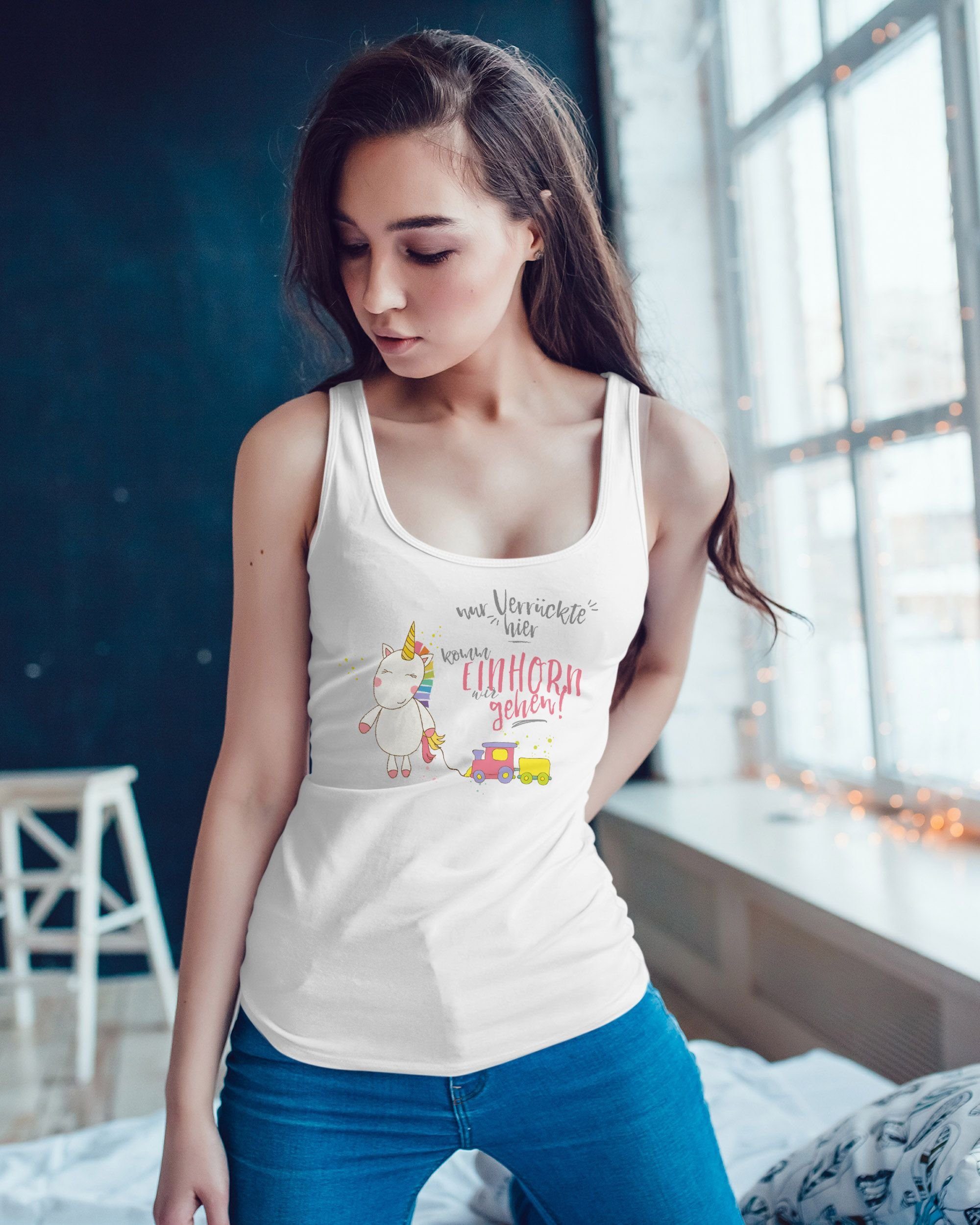 MoonWorks Tanktop Damen Tanktop Nur Verrückte hier komm Einhorn wir gehen Unicorn Sprüche Spruch Racerback Moonworks®