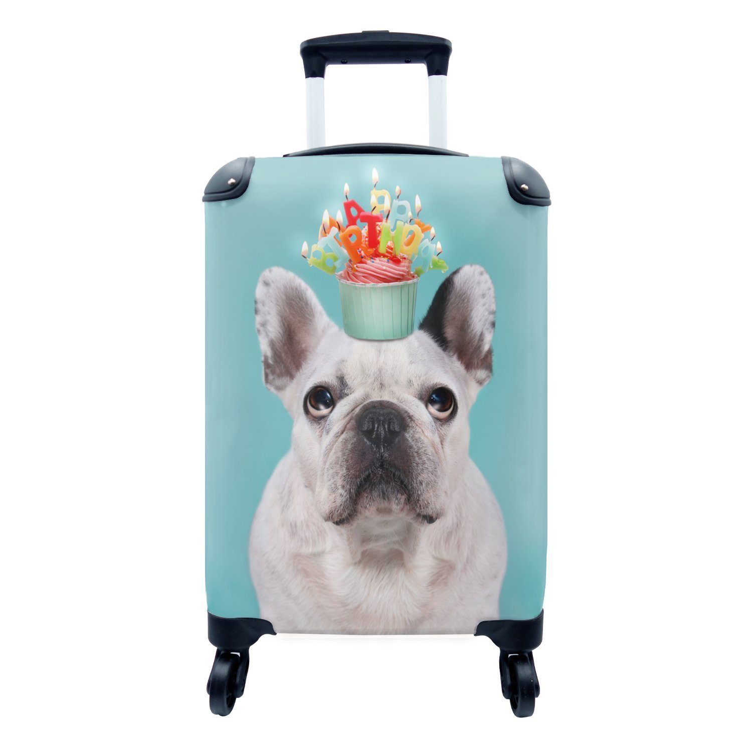 MuchoWow Handgepäckkoffer Französische Bulldogge mit einem Törtchen auf dem Kopf, 4 Rollen, Reisetasche mit rollen, Handgepäck für Ferien, Trolley, Reisekoffer