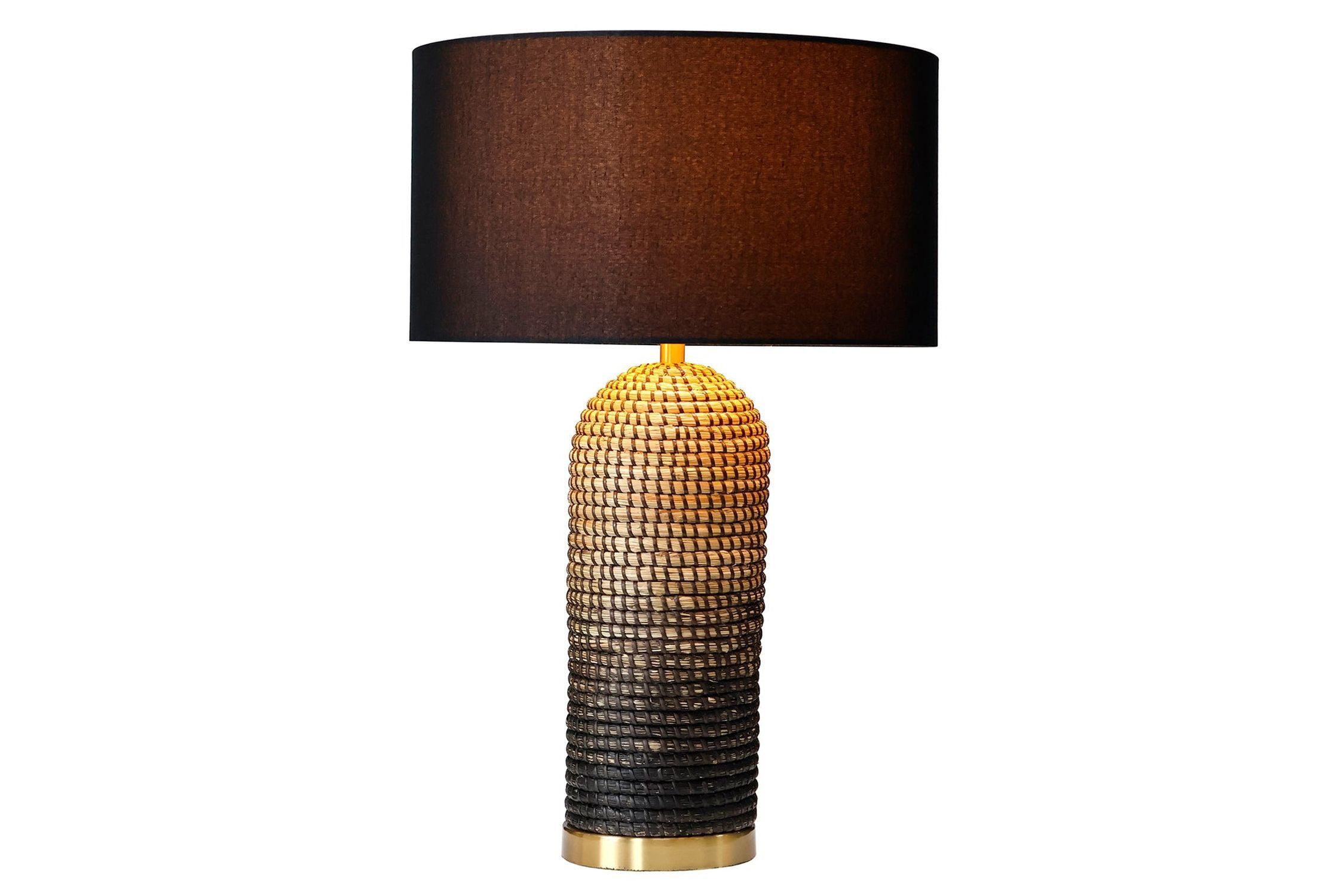 Licht-Erlebnisse Tischleuchte JETTE, ohne Leuchtmittel, Seegras Leinen Metall 61 cm in Schwarz Gold E27 Modern