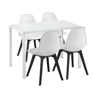 en.casa Essgruppe, (Set, 5-tlg., 4 Stühle, 1 Tisch), »Stathelle« Küchentisch mit Stühlen Weiß + Weiß/Schwarz
