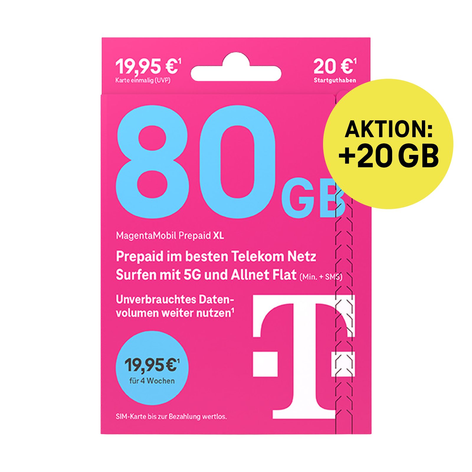 Telekom MagentaMobil Prepaid XL Simkarte mit 20 € Startguthaben Prepaidkarte, (EU-Roaming inkl. CH/GB, 20 € Startguthaben)