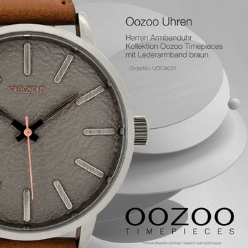 OOZOO Quarzuhr Oozoo Herren Armbanduhr braun, Herrenuhr rund, extra groß (ca. 48mm) Lederarmband, Fashion-Style