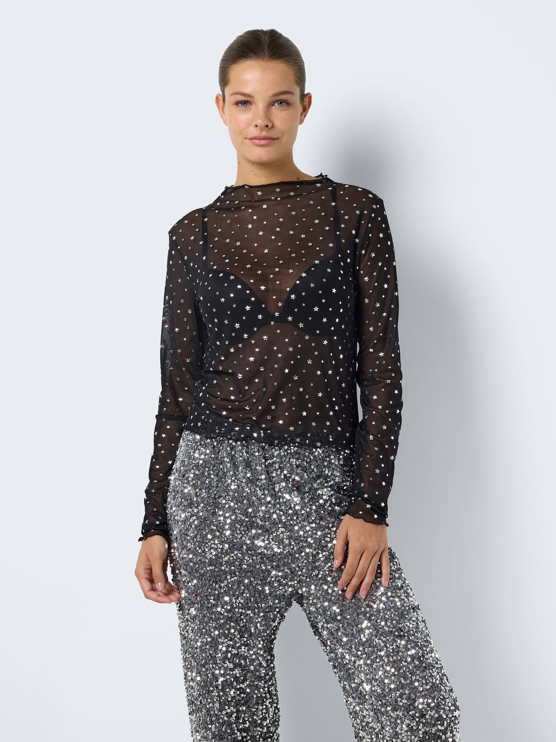 Noisy may Shirttop Glitzer-Effekt Langarm Regular Fit NMSTAR FOIL L/S HIGH NECK MESH JRS FWD