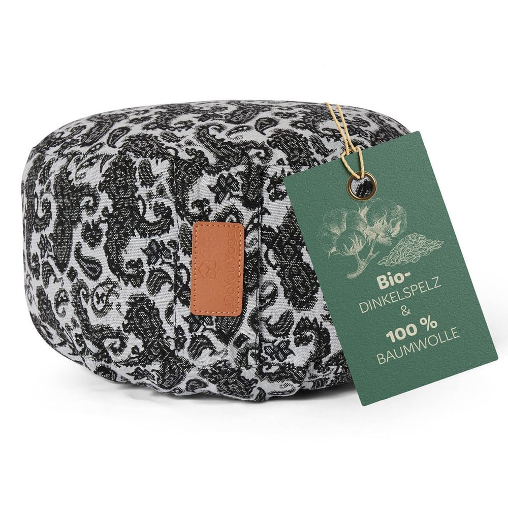 #DoYourYoga Yoga Валики Подушки Vishnu - gefüllt mit Bio-Dinkelspelz, - Rund 30 x 30 x 15 cm - Style 3 (Weiß-Schwarz)