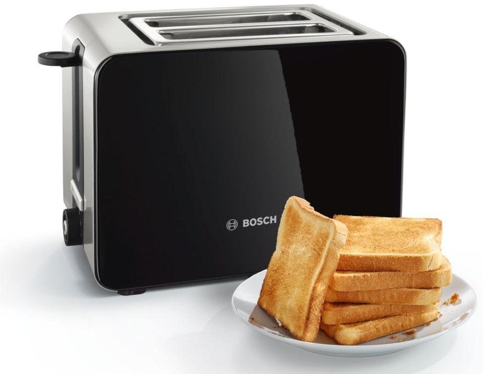 BOSCH Toaster ComfortLine TAT7203, integrierter Edelstahl-Brötchenaufsatz, 2 kurze Schlitze, für 2 Scheiben, 1050 W, Abschaltautomatik, Auftaufunktion, Edelstahl/schwarz