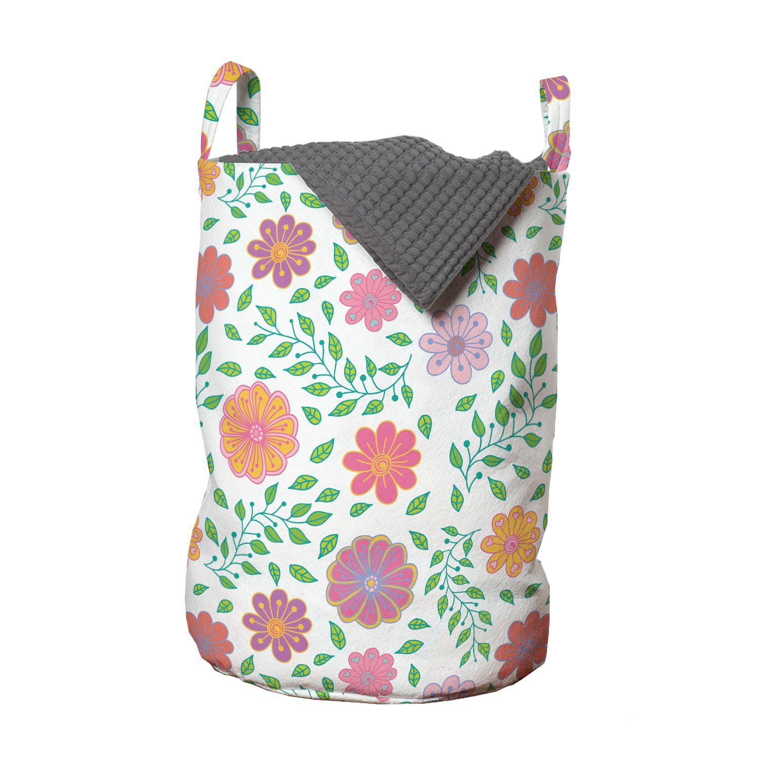 Abakuhaus Wäschesäckchen Wäschekorb mit Griffen Kordelzugverschluss für Waschsalons, Blumen Gekritzel-Blumen-Blätter- | Wäschesäcke