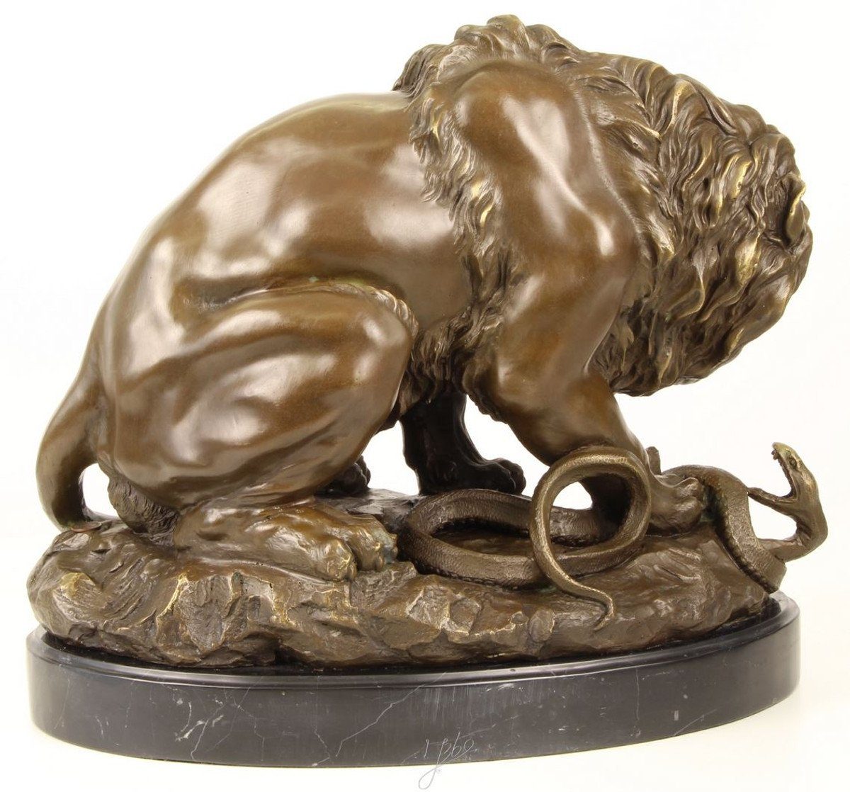 auf Schwarz Casa / cm Bronze Dekofigur Marmorsockel Schlange mit Löwe Bronze - Bronzefigur x Skulptur Gold Padrino Luxus Luxus 41 H. / 35