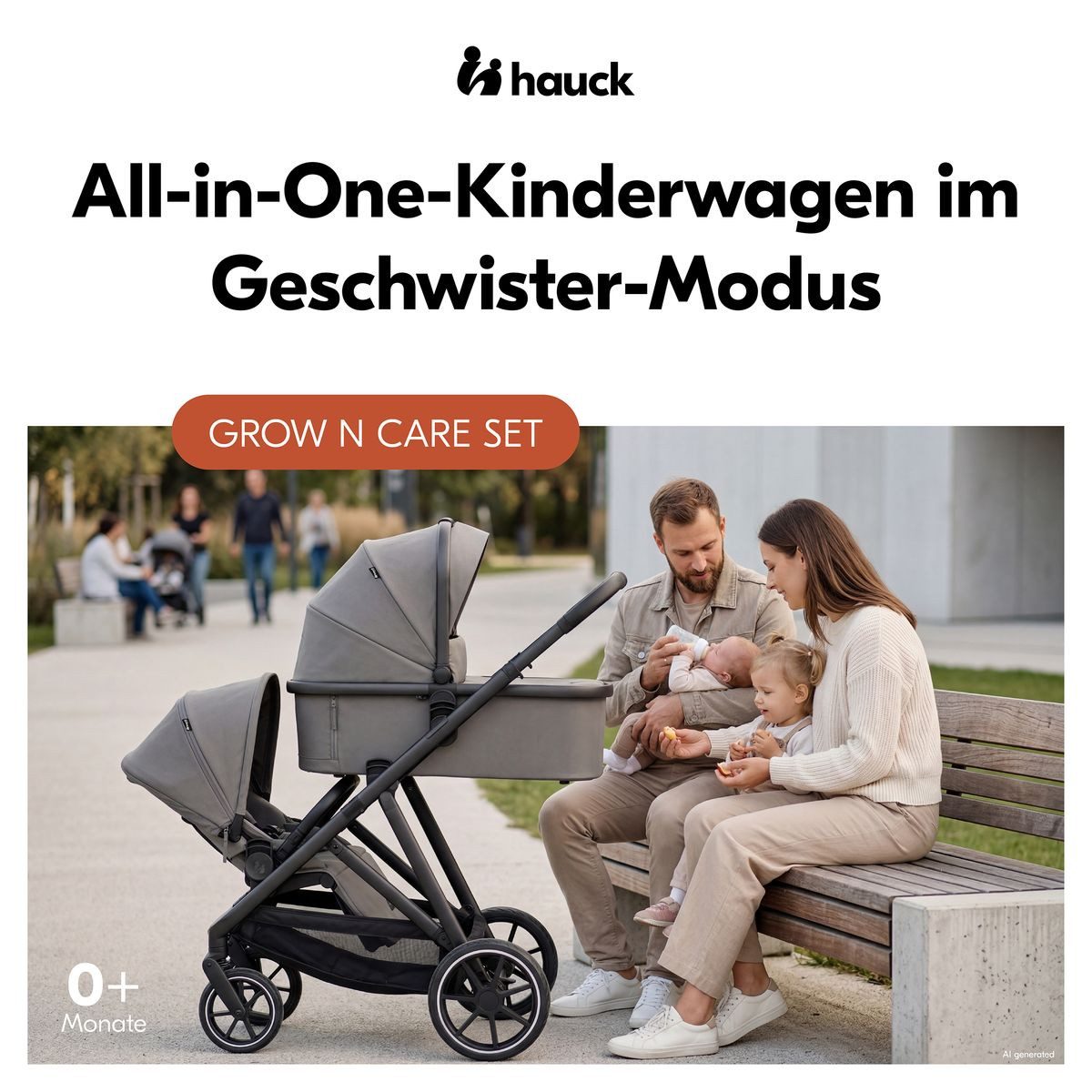 Hauck Kombi-Kinderwagen Grow N Care Set - Dark Grey, Geschwisterwagen Zwillingswagen ab Geburt mit Babywanne & Sportsitz – Bild 2 von 5