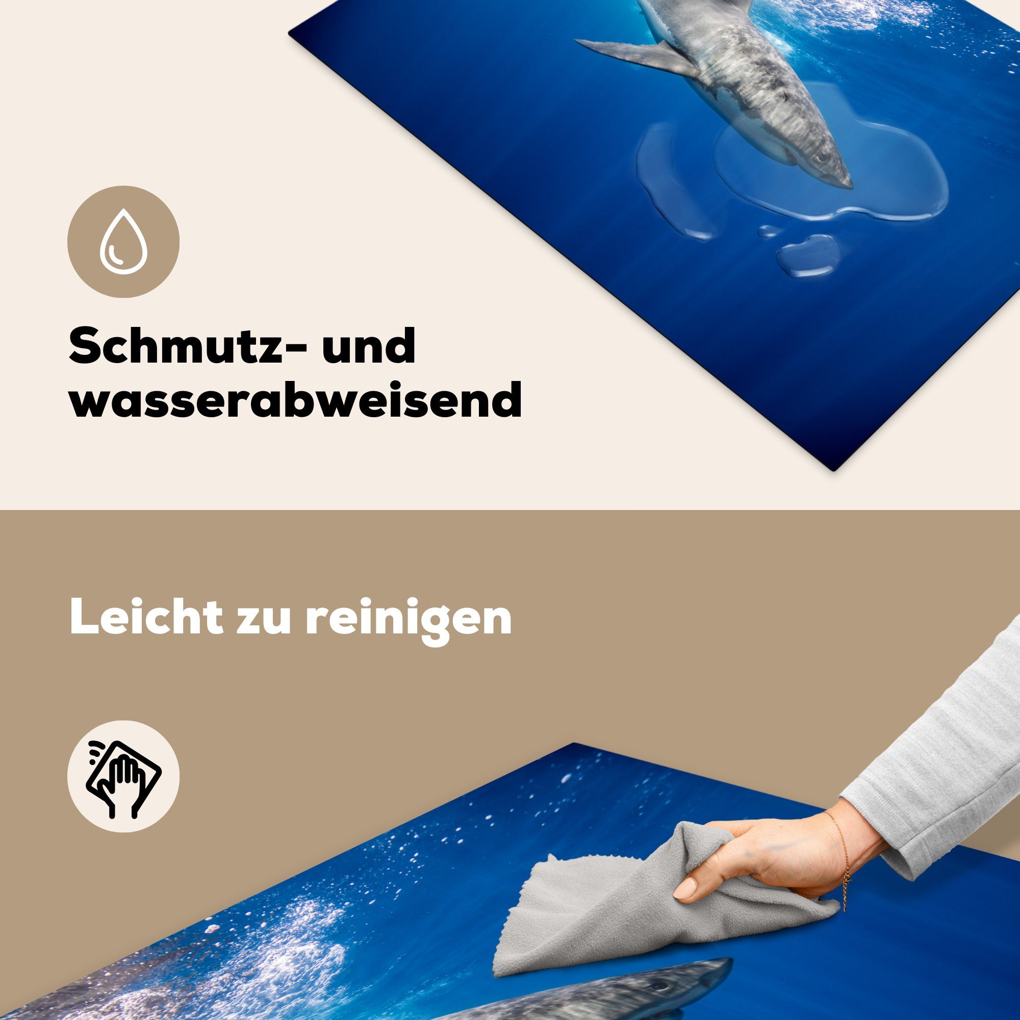 Schutz für MuchoWow Hai (1 tlg), Vinyl, Ceranfeldabdeckung Wasser, - Meer 81x52 cm, Induktionskochfeld die - Herdblende-/Abdeckplatte küche,