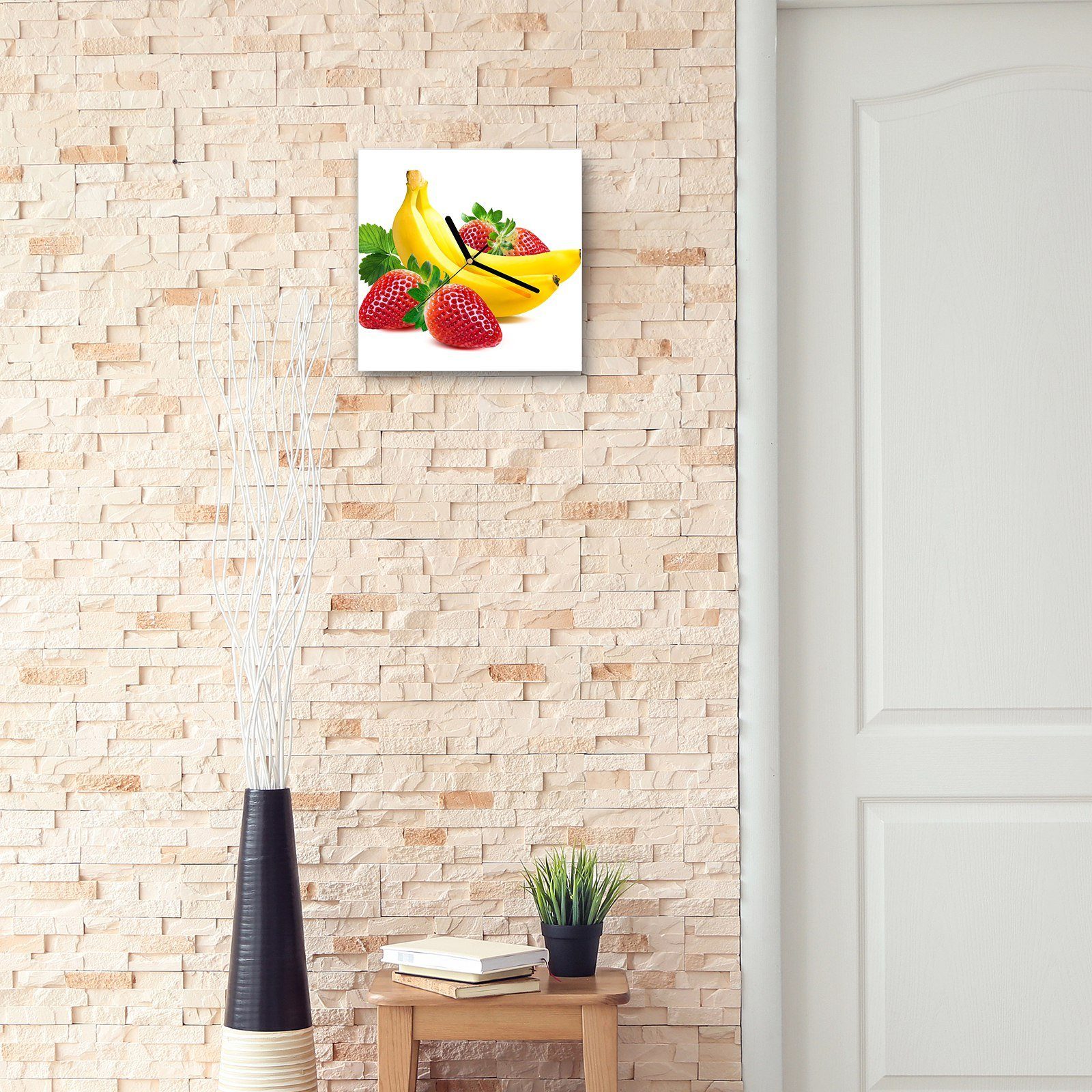 mit Banane x Wanduhr und Erdbeeren 30 Primedeco Motiv Wanduhr 30 cm Wandkunst Größe Glasuhr