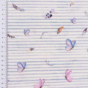 SCHÖNER LEBEN. Stoff Baumwollstoff Popeline Digitaldruck Schmetterlinge weiß lila 1,50m, allergikergeeignet