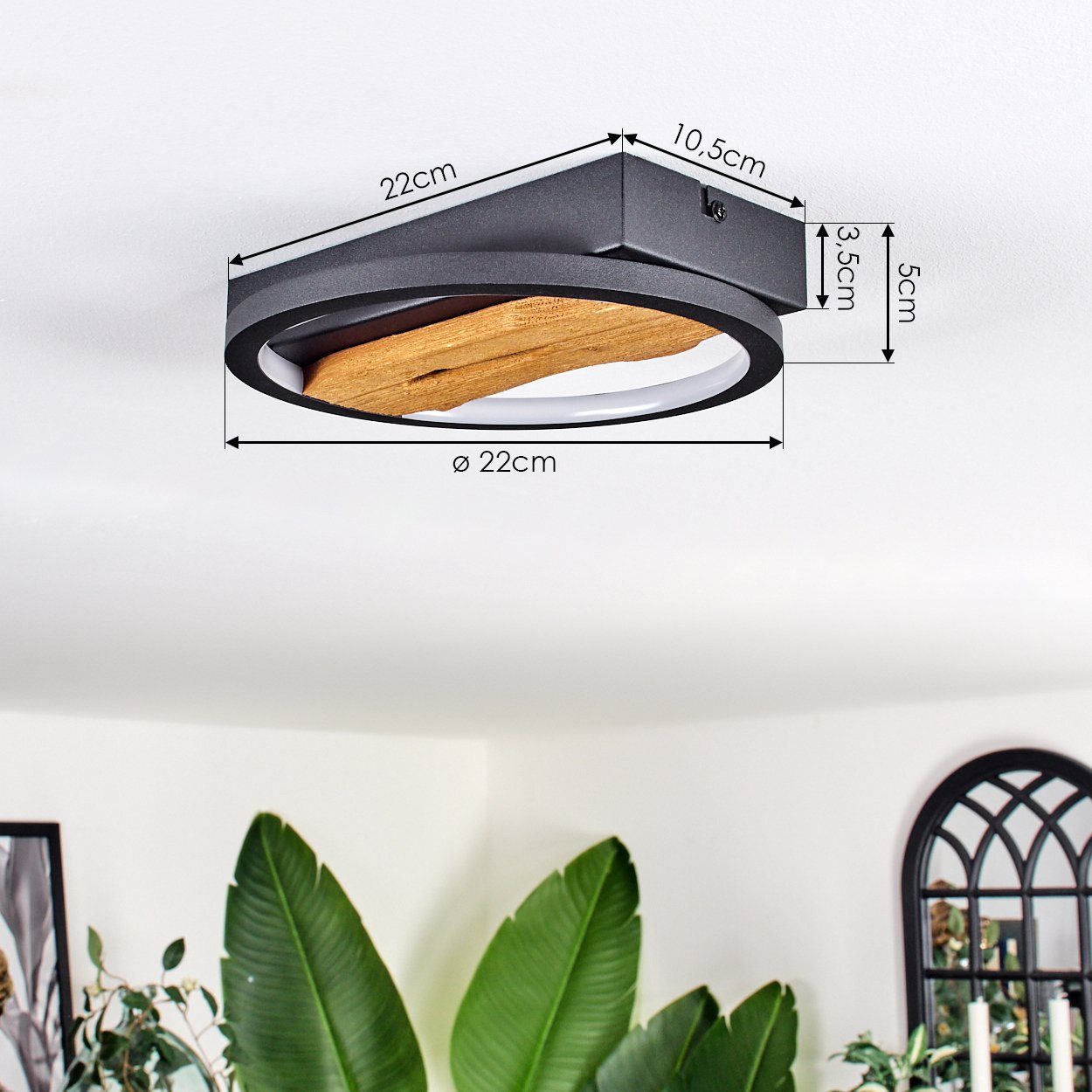 hofstein Deckenleuchte dimmbare Deckenlampe aus Metall/Holz/Kunststoff in Schwarz/Natur/Weiß, LED fest integriert, 3000 Kelvin, Leuchte Länge 22cm, 12 Watt, 170 – Bild 4 von 5