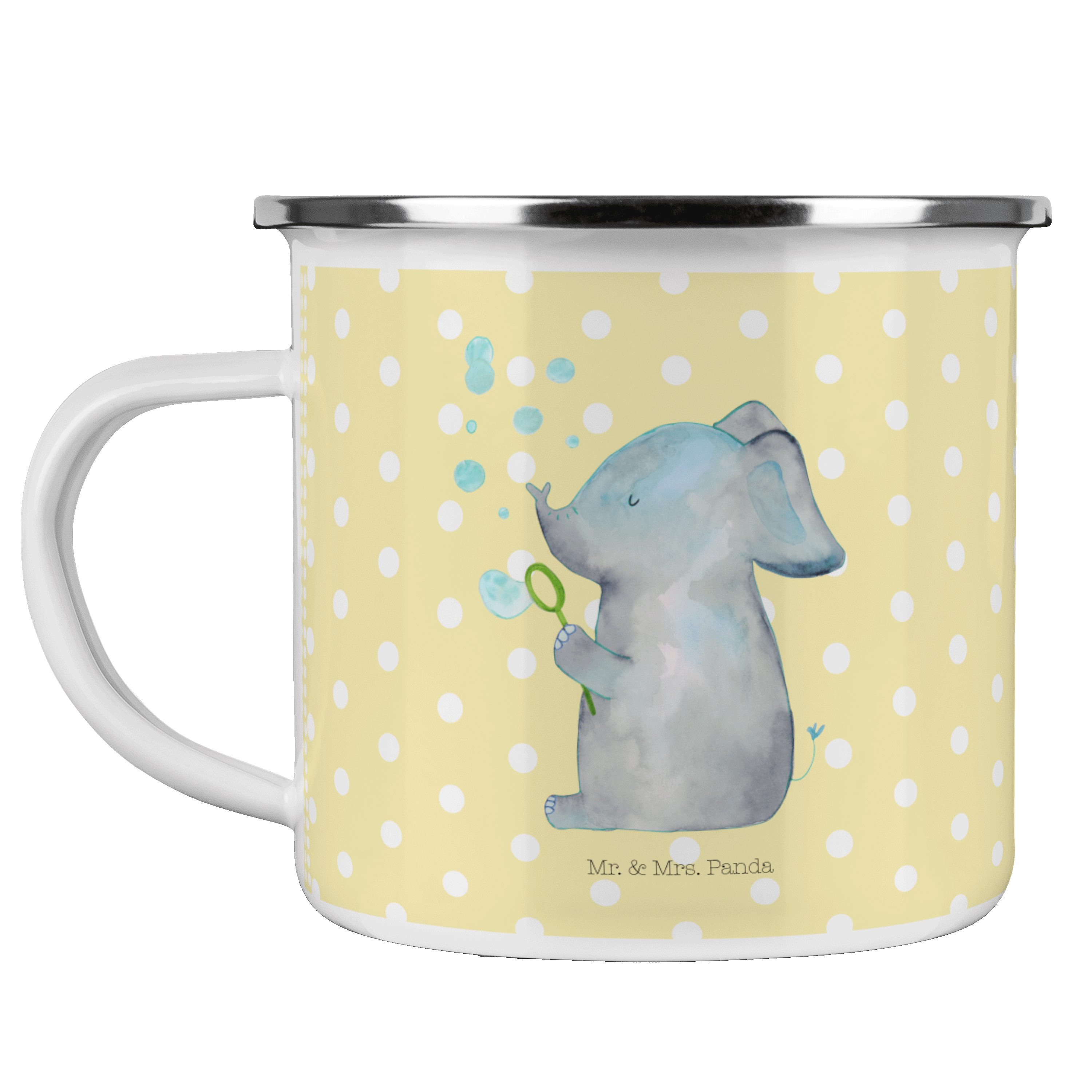 Mr. & Mrs. Panda Becher Elefant Seifenblasen - Gelb Pastell - Geschenk, Gute Laune, Camping T, Emaille