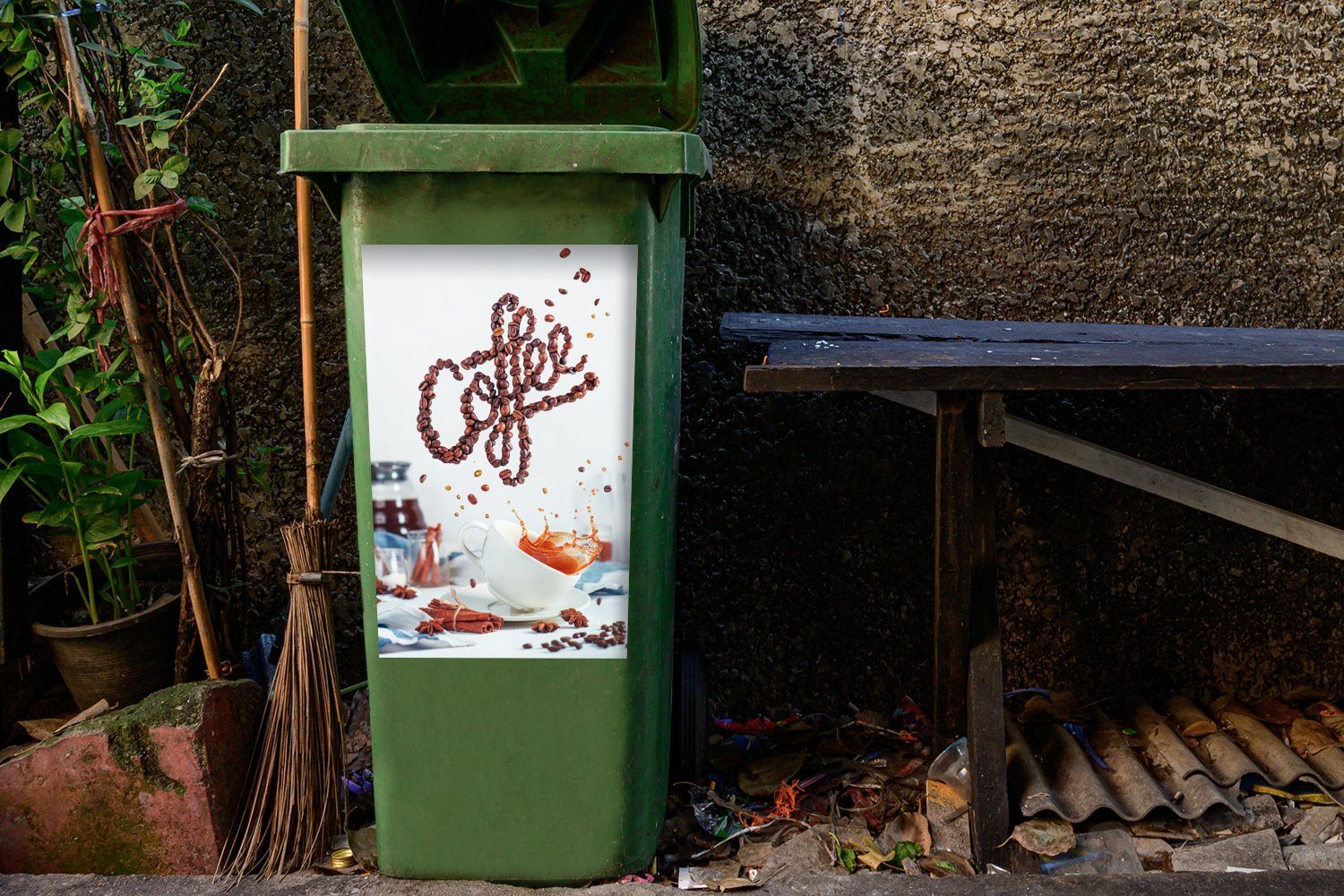 Abfalbehälter Wandsticker MuchoWow Mülltonne, gekippter (1 Sticker, St), Stilleben Kaffeetasse mit Mülleimer-aufkleber, Container,