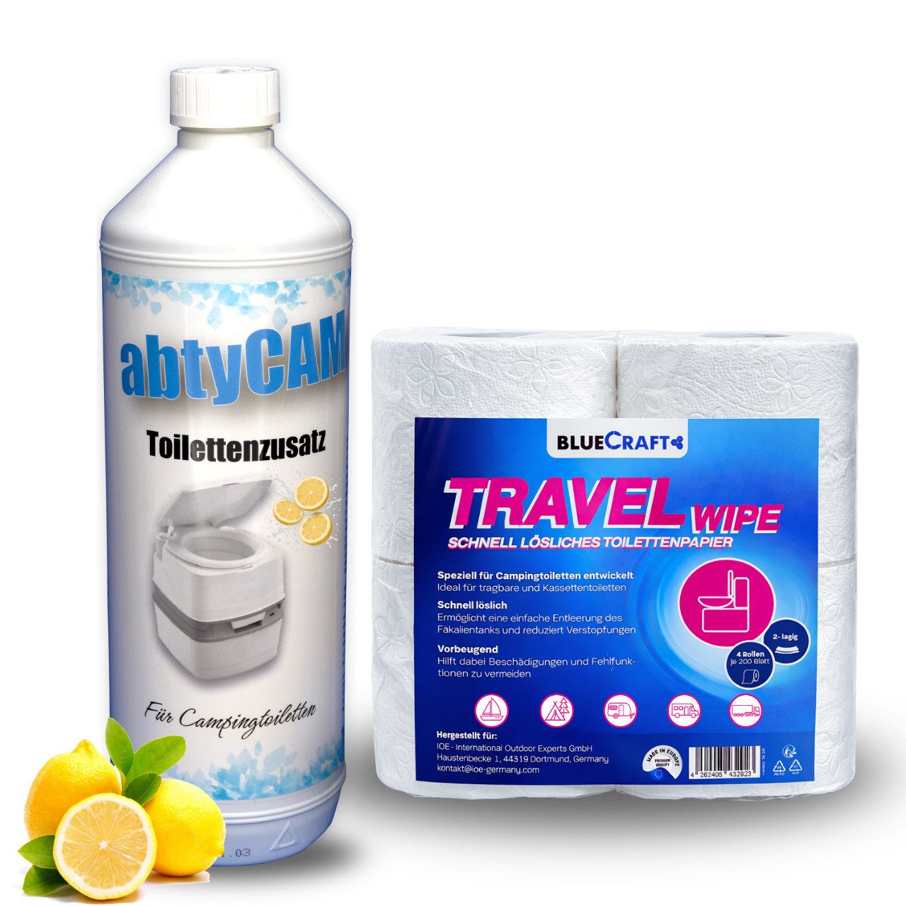 BlueCraft Sanitärflüssigkeit 1 L für mobile Camping Toiletten Sanitärzusatz Campingtoilettenreiniger (Toilettenzusatz WC Konzentrat mit Citronenduft Inkl. 4 Rollen Toilettenpapier, [- Sanitärkonzentrat für Abwassertank Zusatz für Chemietoiletten)