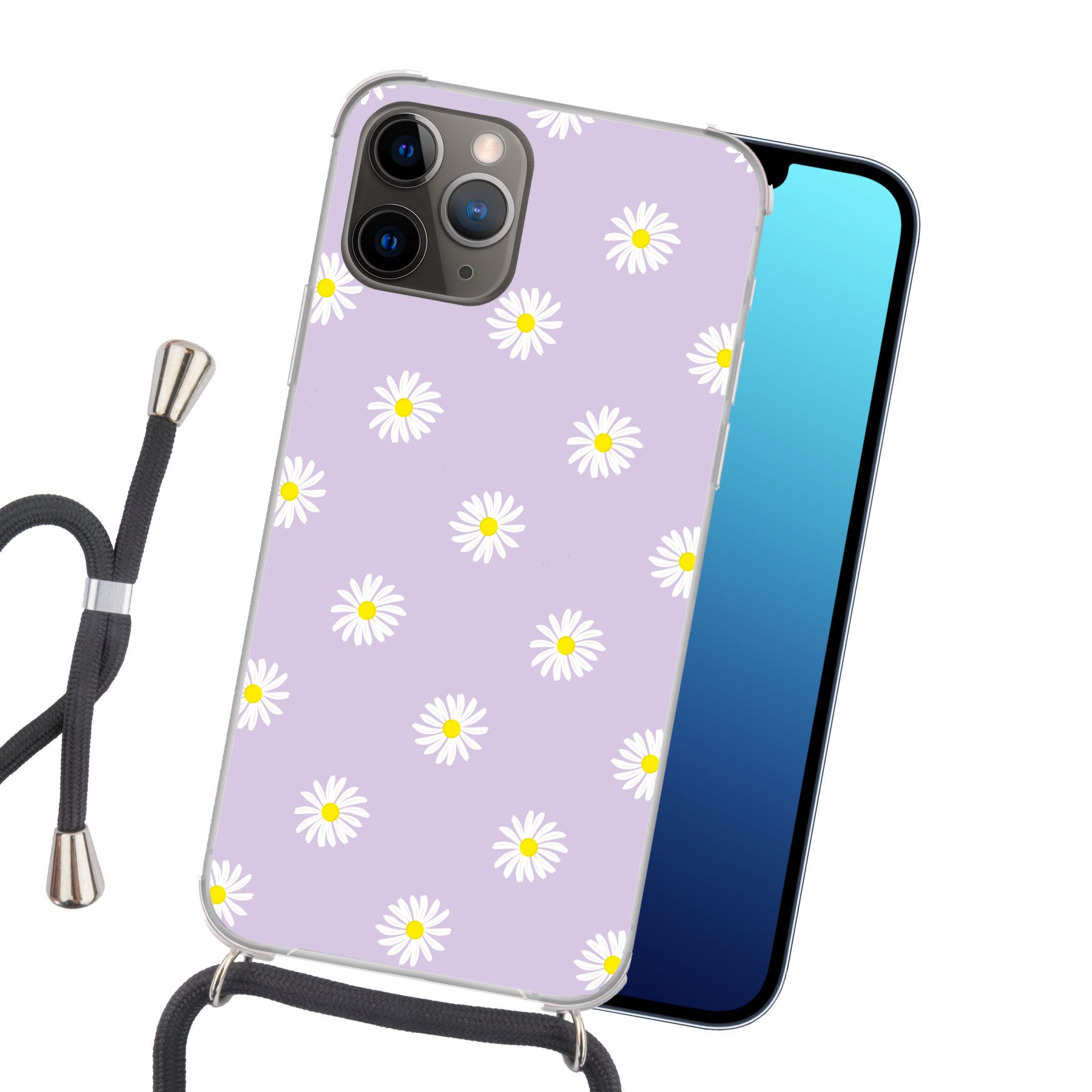 MuchoWow Handyhülle für Apple iPhone 13 Pro Max Gänseblümchen - Pastell - Weiß - Lila - Bl, Tragbare Handyhüllen mit Kette zum umhängen, Handykette Handyband