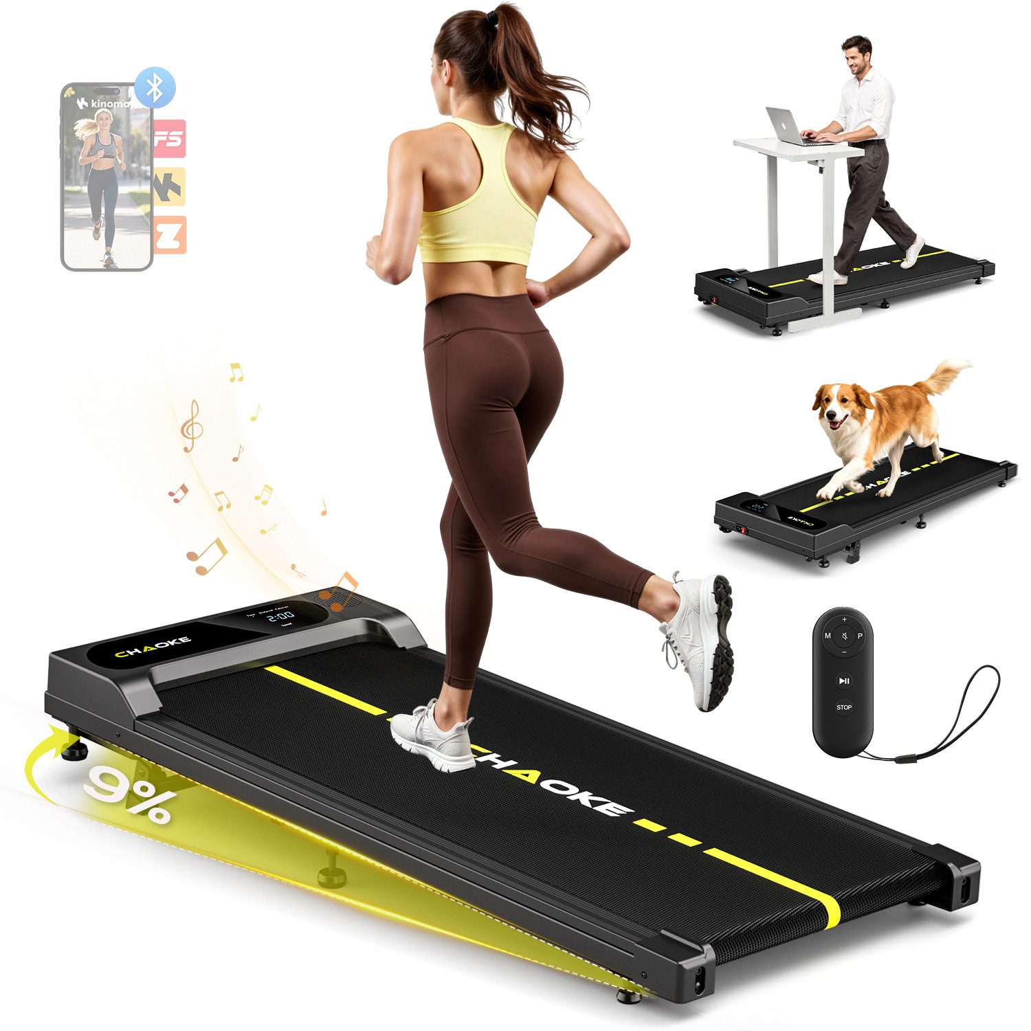 CHAOKE Laufband Walking Pad 1-10 km/h, 4 in 1 Laufband für Zuhause mit 9% Steigung (1-tlg), 2.75HP und LED-Anzeige - Eingebaute Lautsprecher & App Steuerung