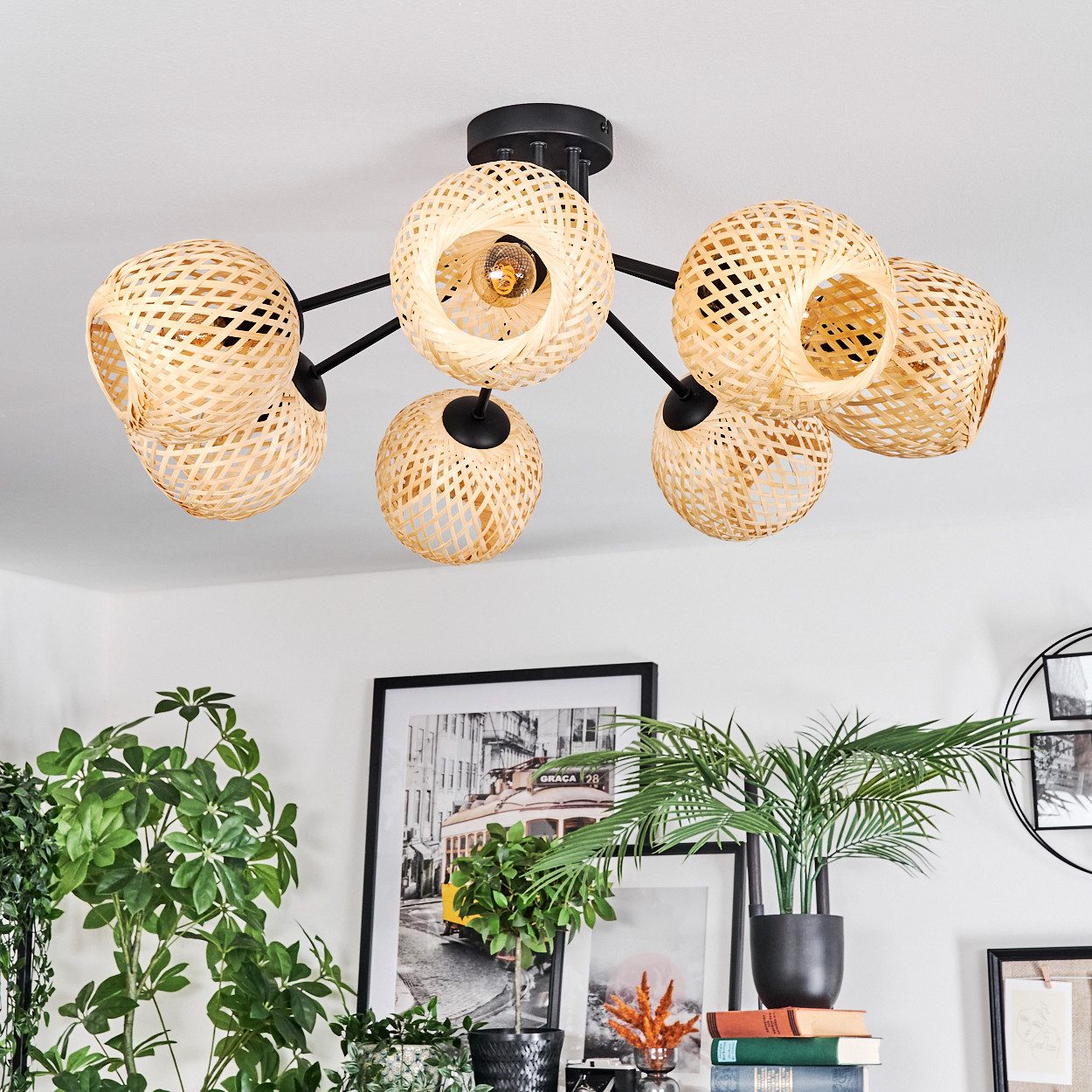 hofstein Deckenleuchte Deckenlampe aus Metall/Bambus in Schwarz/Naturfarben mit Lichteffekt, Deckenleuchte im Boho/Retro/Vintage-Design (Schirme Ø 15 cm), 7 x E14