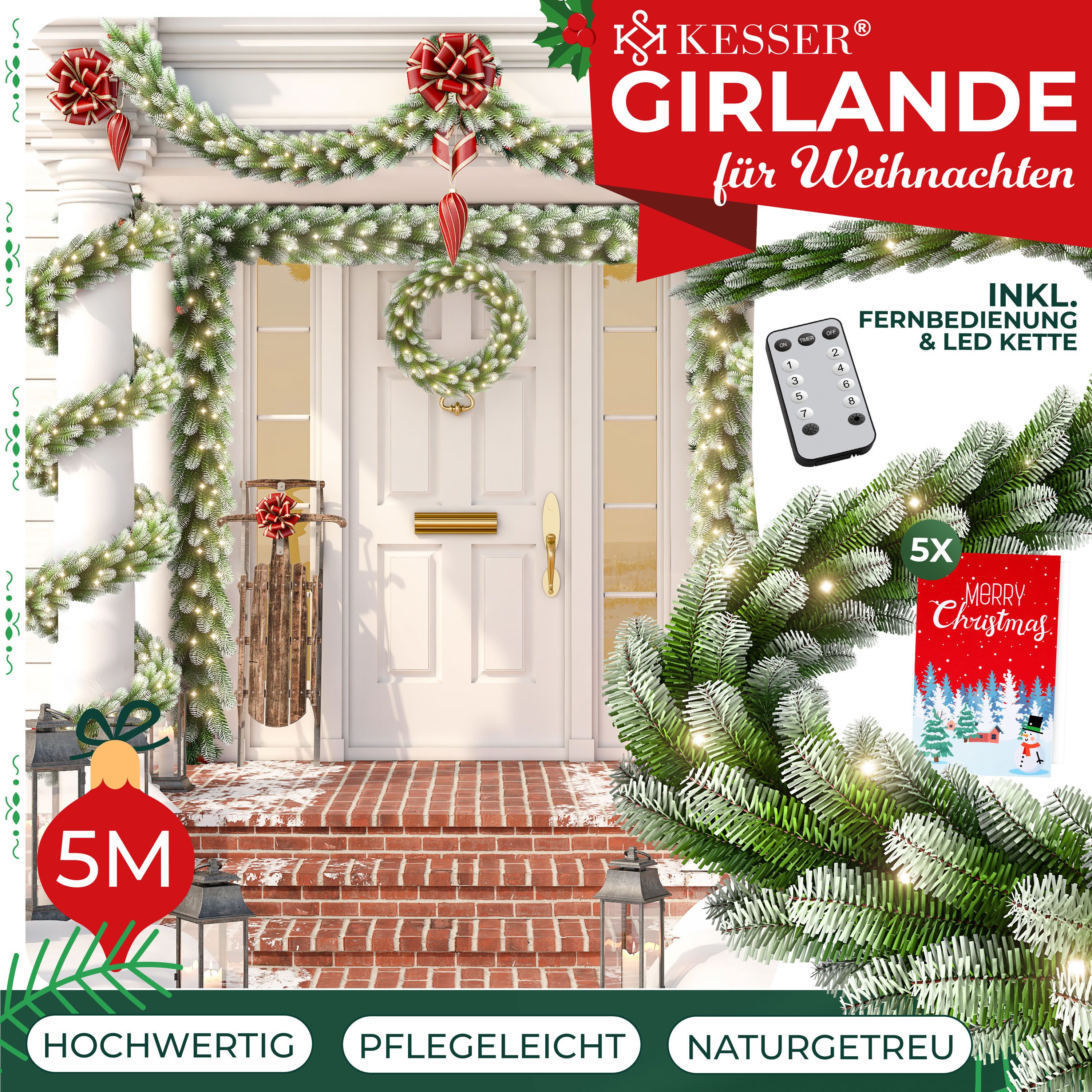 Kunstgirlande Weihnachtsgirlande LED Girlande 5m, beschneit & inkl. Fernbed günstig online kaufen