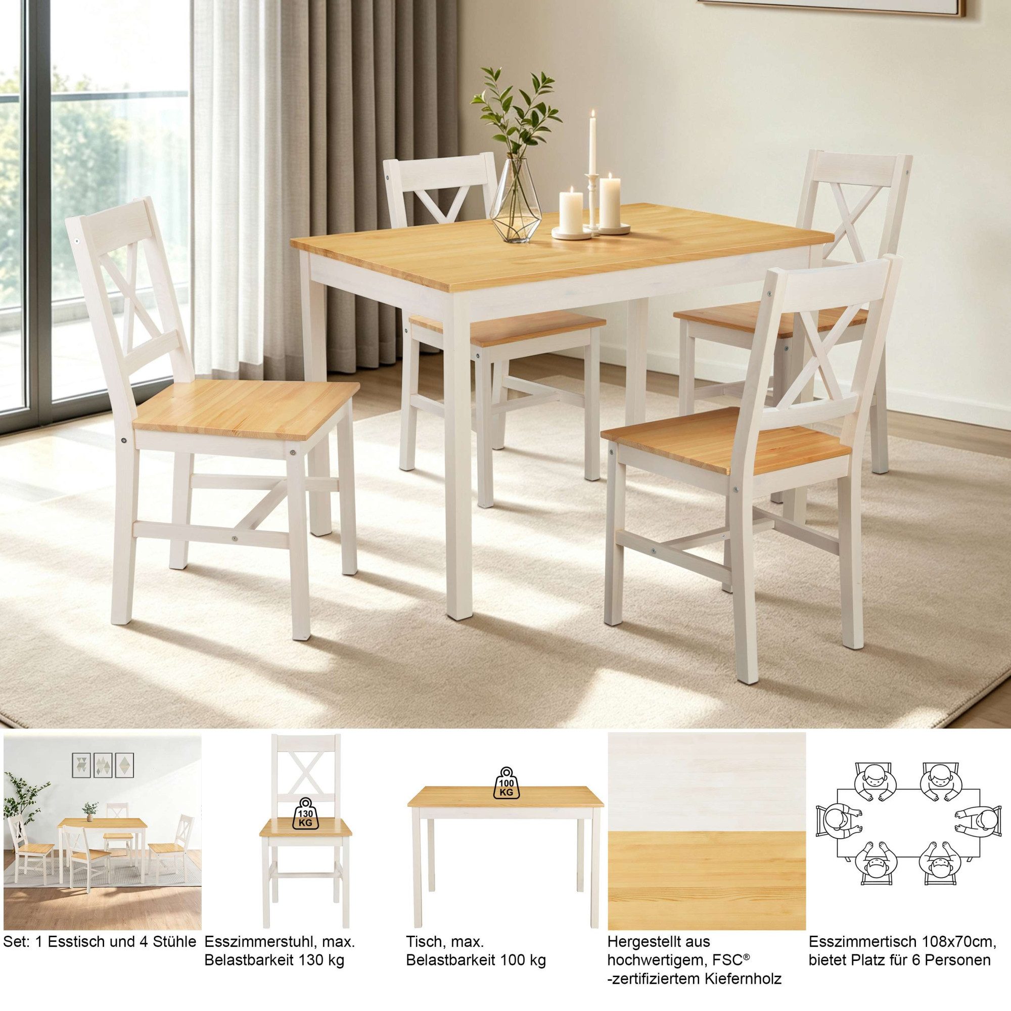 OTTO home Essgruppe Willow, (Set, 5-tlg., Esstisch mit 4 Stühlen), Esstisch mit 4 Stühlen, aus massivem Kiefernholz