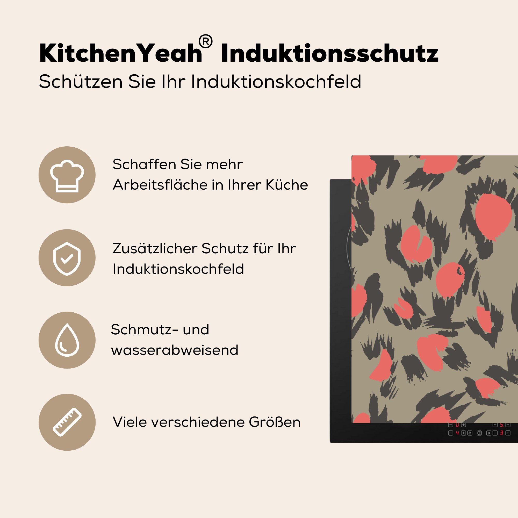 tlg), Muster 78x78 küche Taupe, (1 Rosa Herdblende-/Abdeckplatte - MuchoWow Pantherdruck - Arbeitsplatte für Ceranfeldabdeckung, cm, - Vinyl,