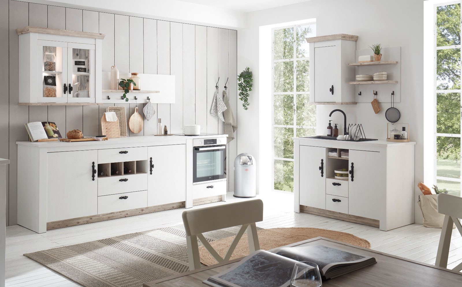 Furn.Design Küchenzeile Rovola, (Schrank-Set 7-tlg. Pinie weiß Landhaus), verschiedene Stellvarianten, Soft-Close-Funktion