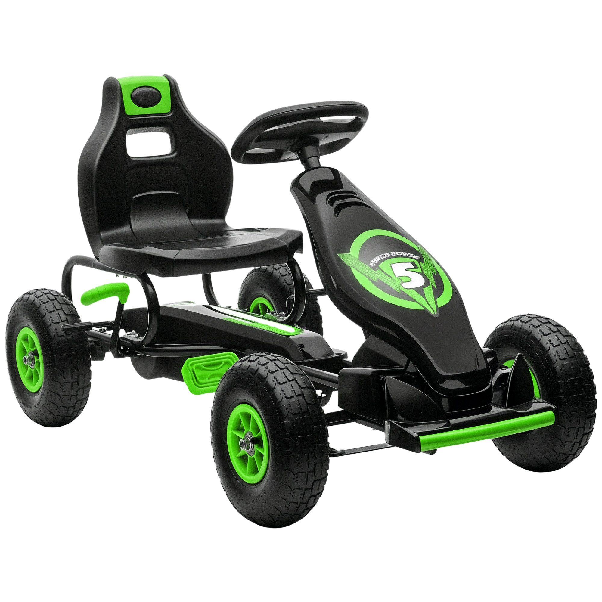 HOMCOM Go-Kart Kinderfahrzeug, Tretfahrzeug, Pedal und Handbremse, Outdoor, für Garten, Balkon, Grün+Schwarz