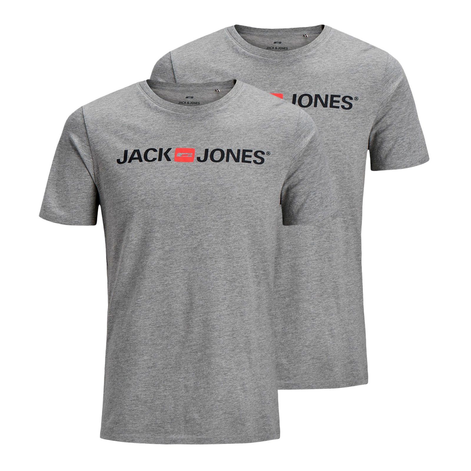 Markenschriftzug mit light Jones melange Jack grey & T-Shirt Neck grey Pack 2er Logo Crew light Tee / mel.