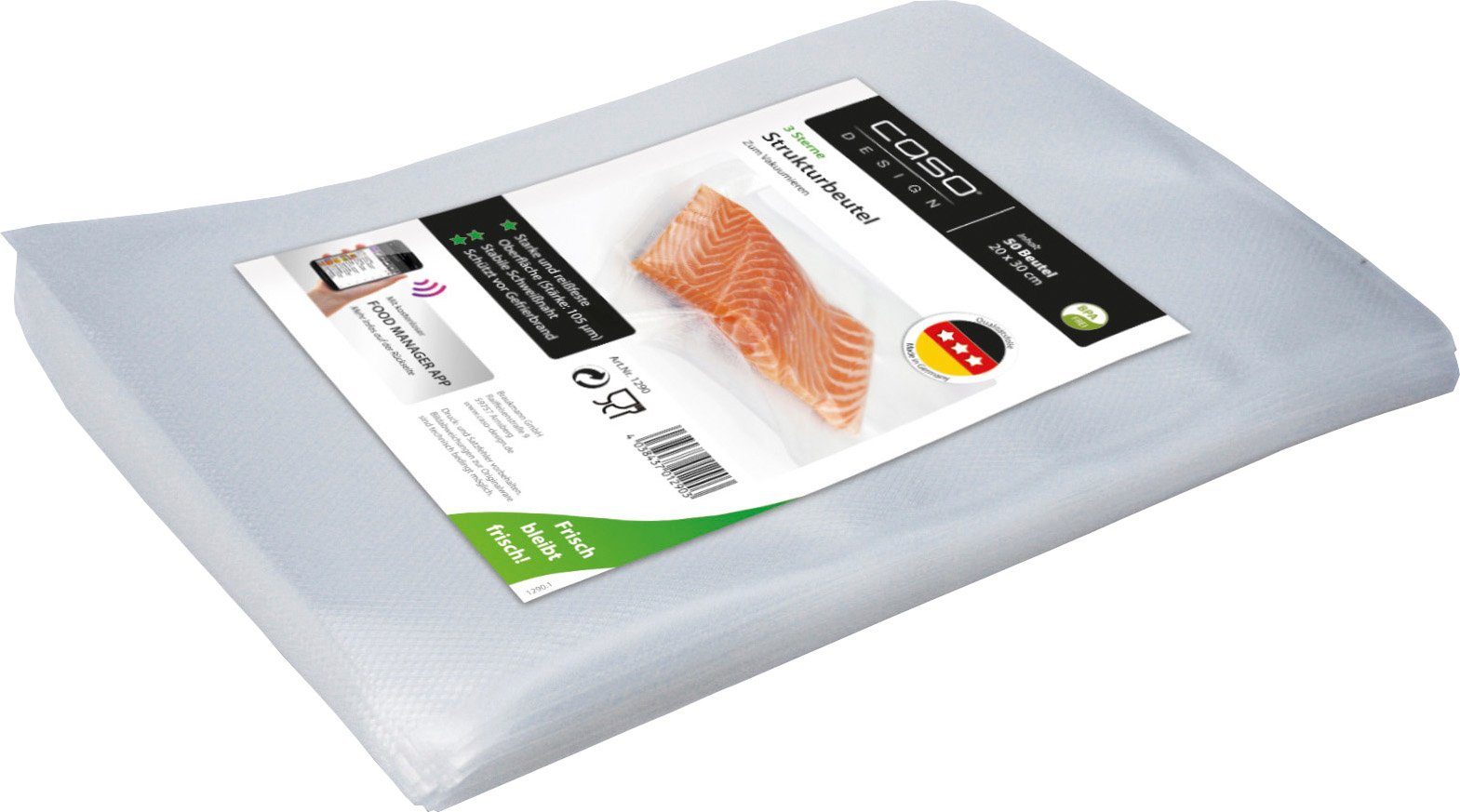 Caso Vakuumierbeutel 1290, Zubehör für CASO Balken-Vakuumierer FreshVAC WMF Rommelsbacher LAICA Gastroback Foodsaver Solis Steba Nuova, 50 Stk., 20x30cm,Stärke 105 µ