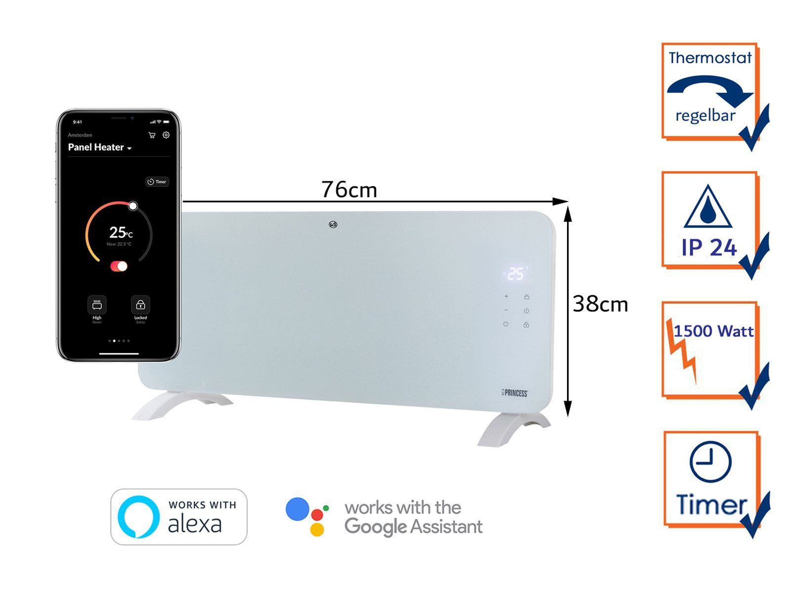 PRINCESS Konvektor, 1500 W, Smarte Elektroheizung Glaskörper Zusatzheizung Wandmontage Weiß 76cm