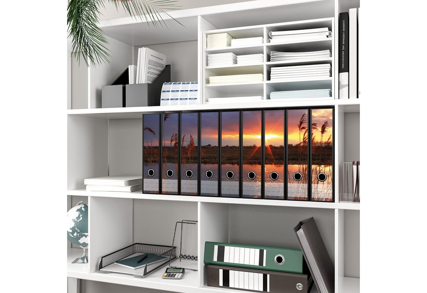 Thumbnail - Wallario Etiketten Sonnenuntergang über dem Fluss, Gräser im Wind, Ordnerrücken-Sticker in verschiedenen Ausführungen