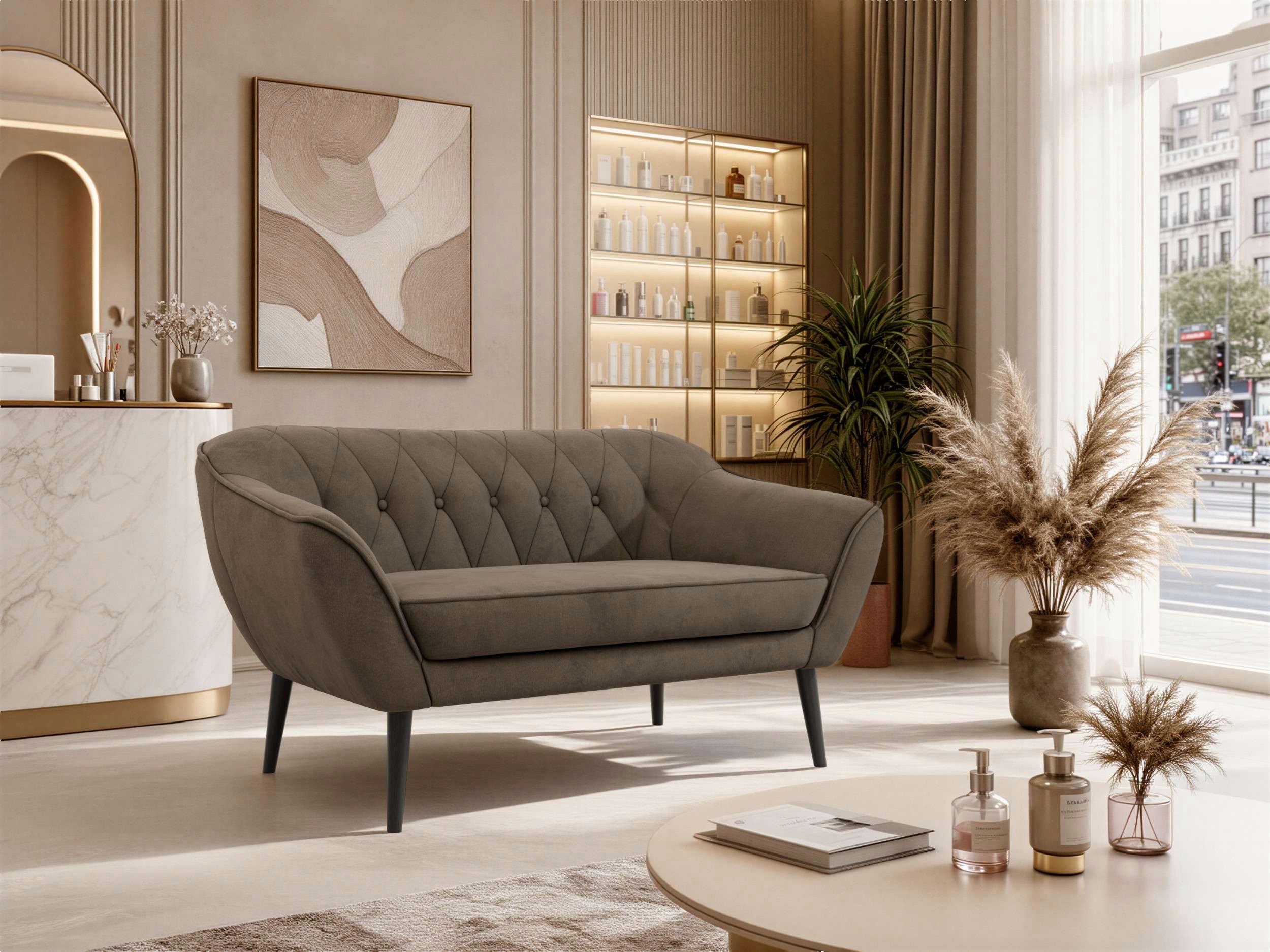 MKS MÖBEL Sofa PIRS, 2-Sitzer, Design mit Steppung, Wellenfederung, Scandi-Design, Füße wählbar