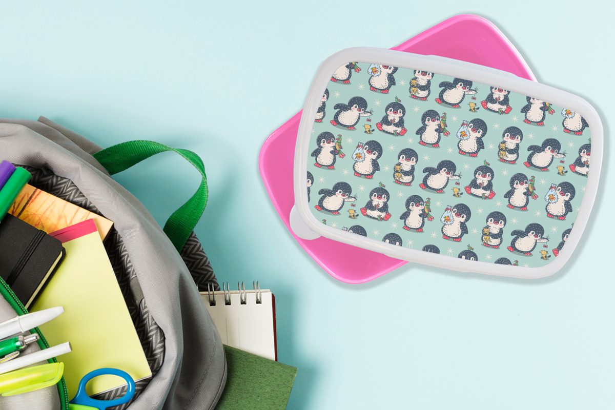 Brotbox Mädchen, Tiere - MuchoWow Snackbox, rosa für Brotdose Muster Lunchbox Kunststoff, - Kunststoff Erwachsene, Kinder, (2-tlg), Pinguin,