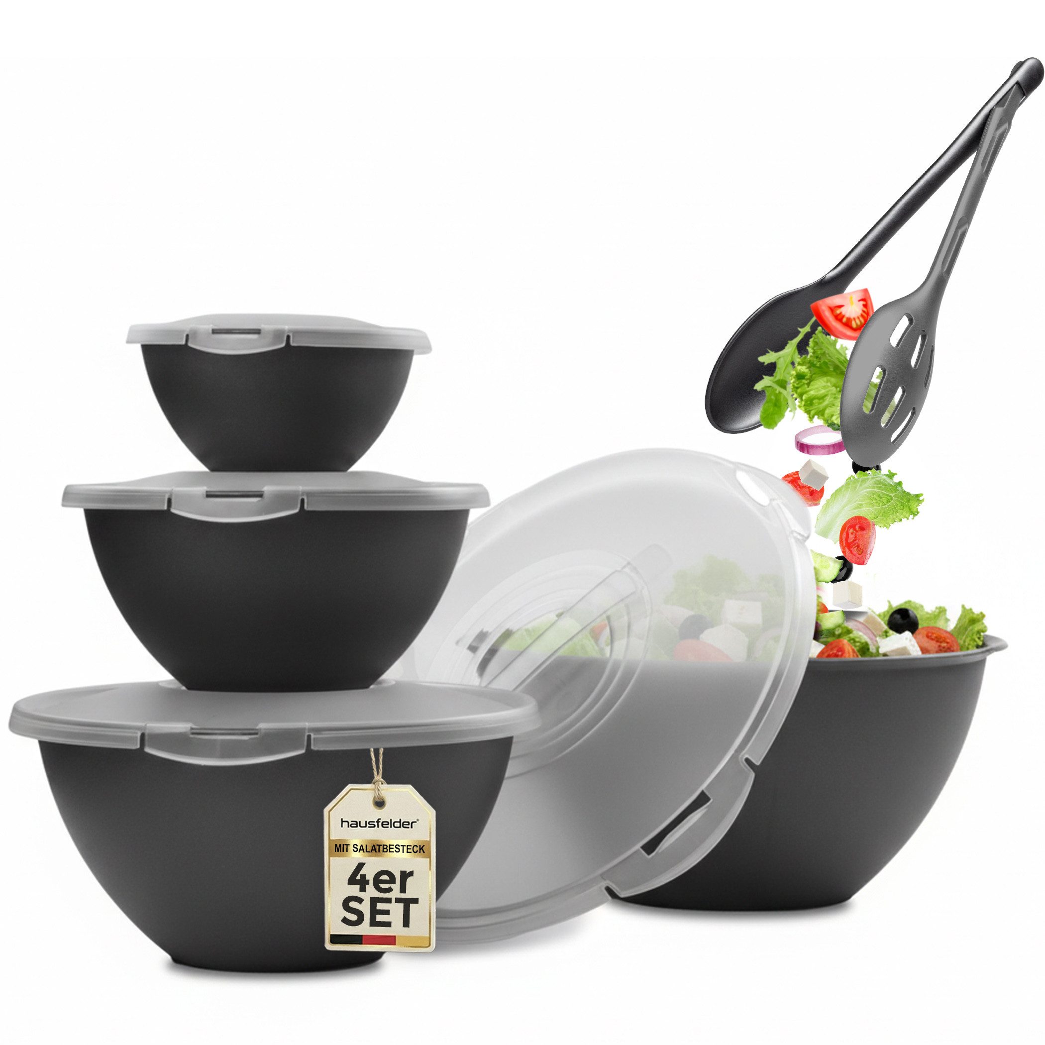 Hausfelder Salatschüssel Schüssel Set + Salatbesteck 10-tlg, Kunststoff, (Set, 10-tlg), Schüsseln 1x6 L, 1x3,6 L, 1x1,9 L, 1x0,7 L + Salatbesteck