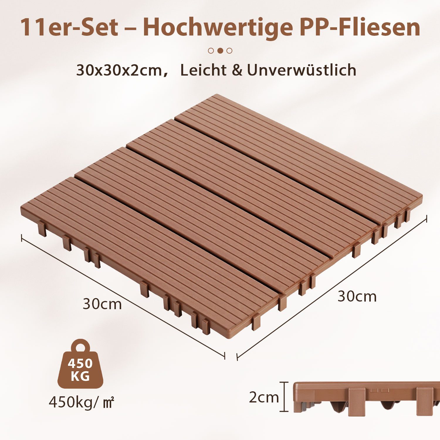 Clanmacy Terrassenplatte Kunststoff-Bodenfliesen 110 Stück 30x30cm Klickfliesen Rotbraun, Kunststoff 30x30, Braun